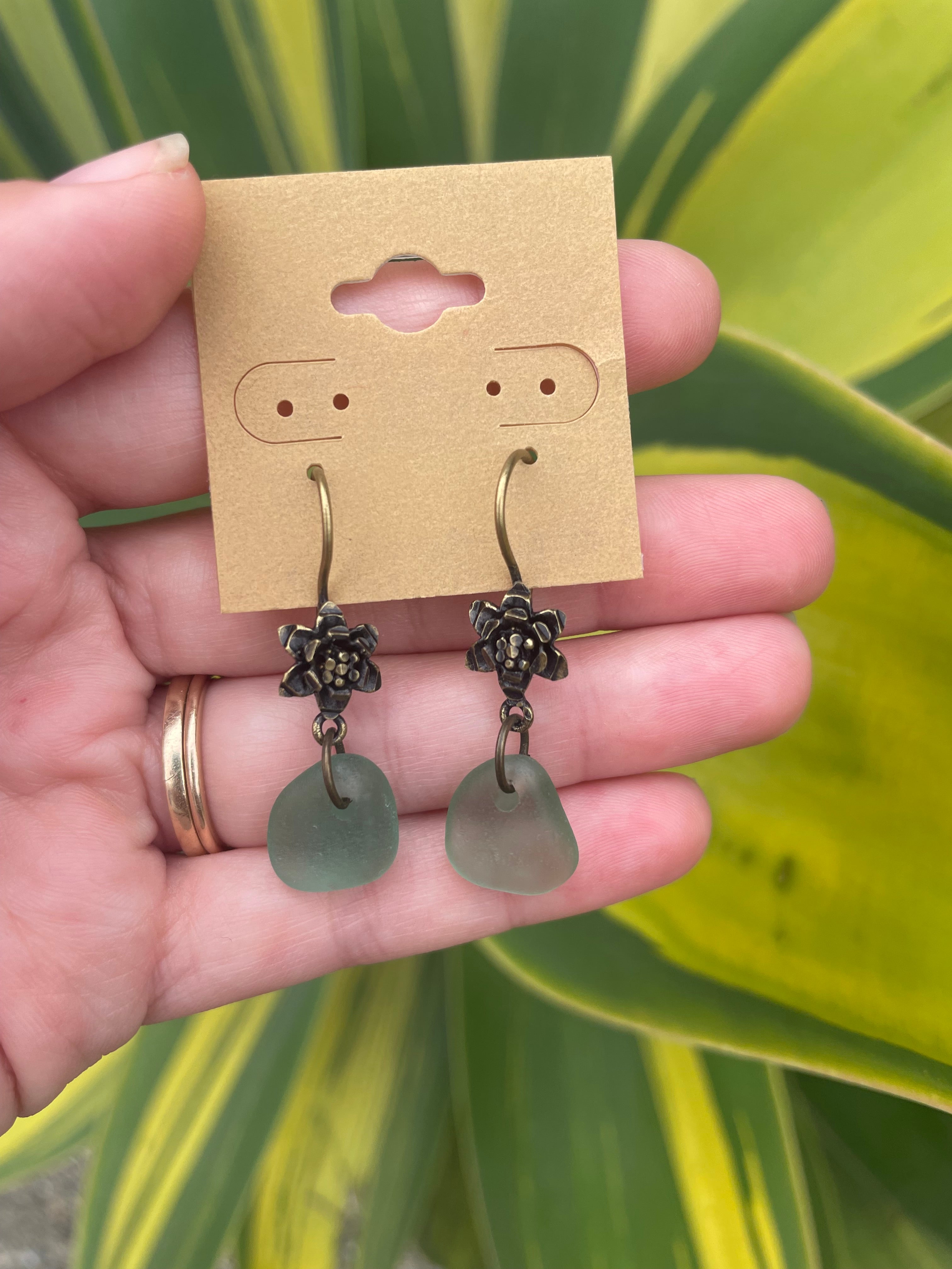 Bronze Flower Sea Glass Earrings in Light Blue