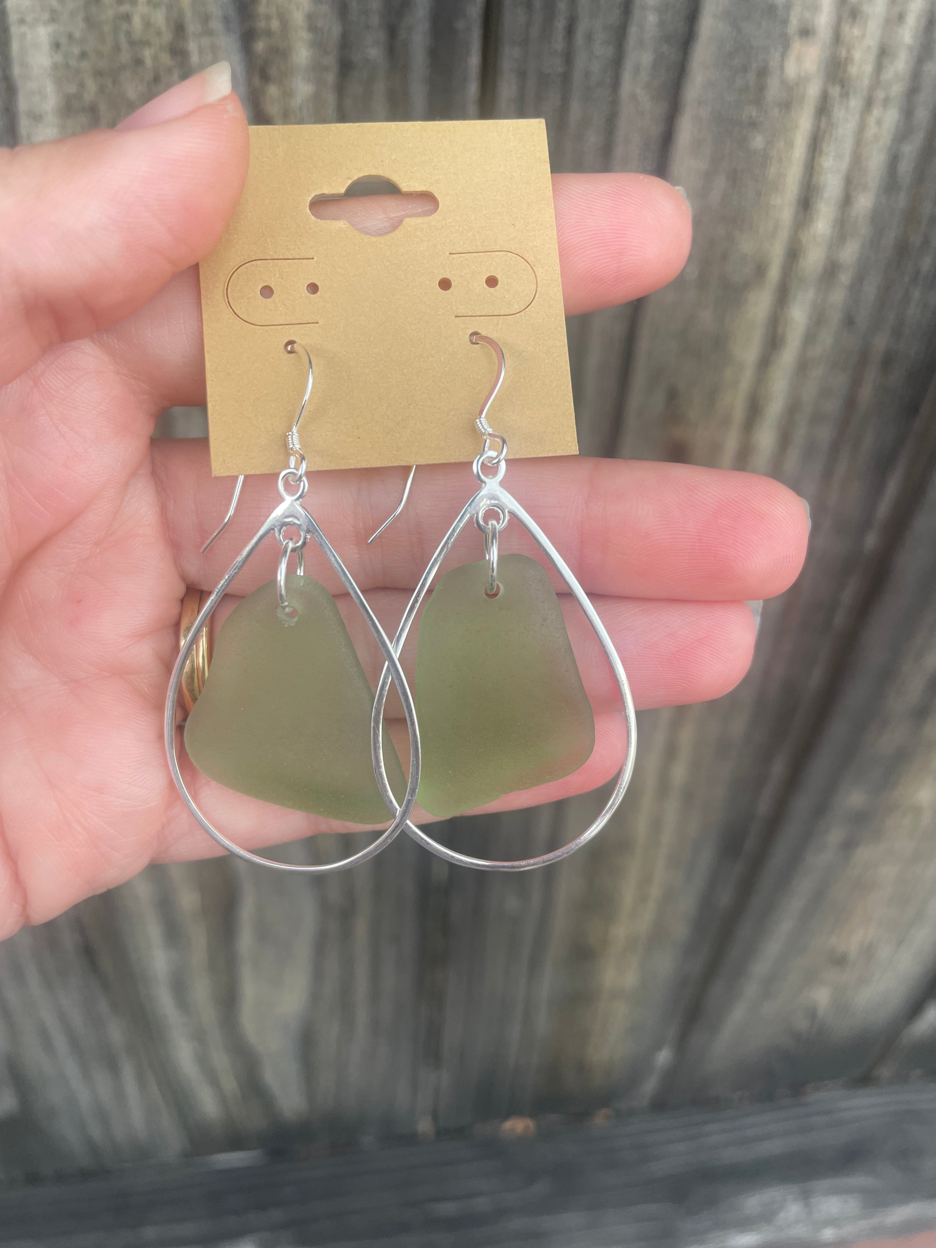 Oval Hoop Sea Glass Earrings in Light Green
