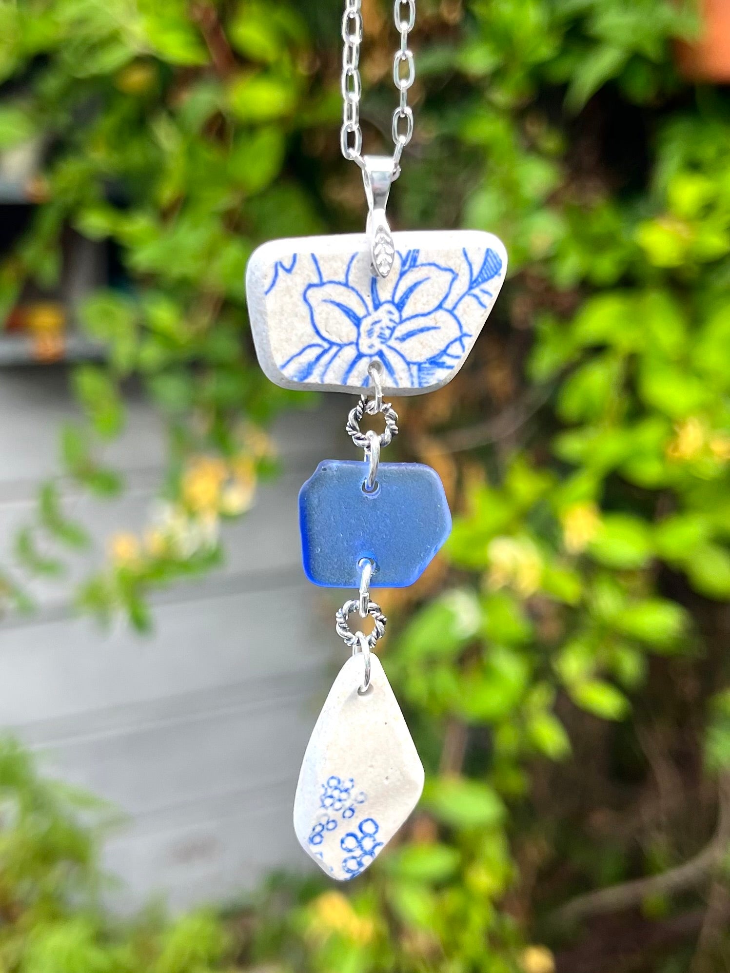 Scotland Pottery and Sea Glass Necklace in Cornflower Blue