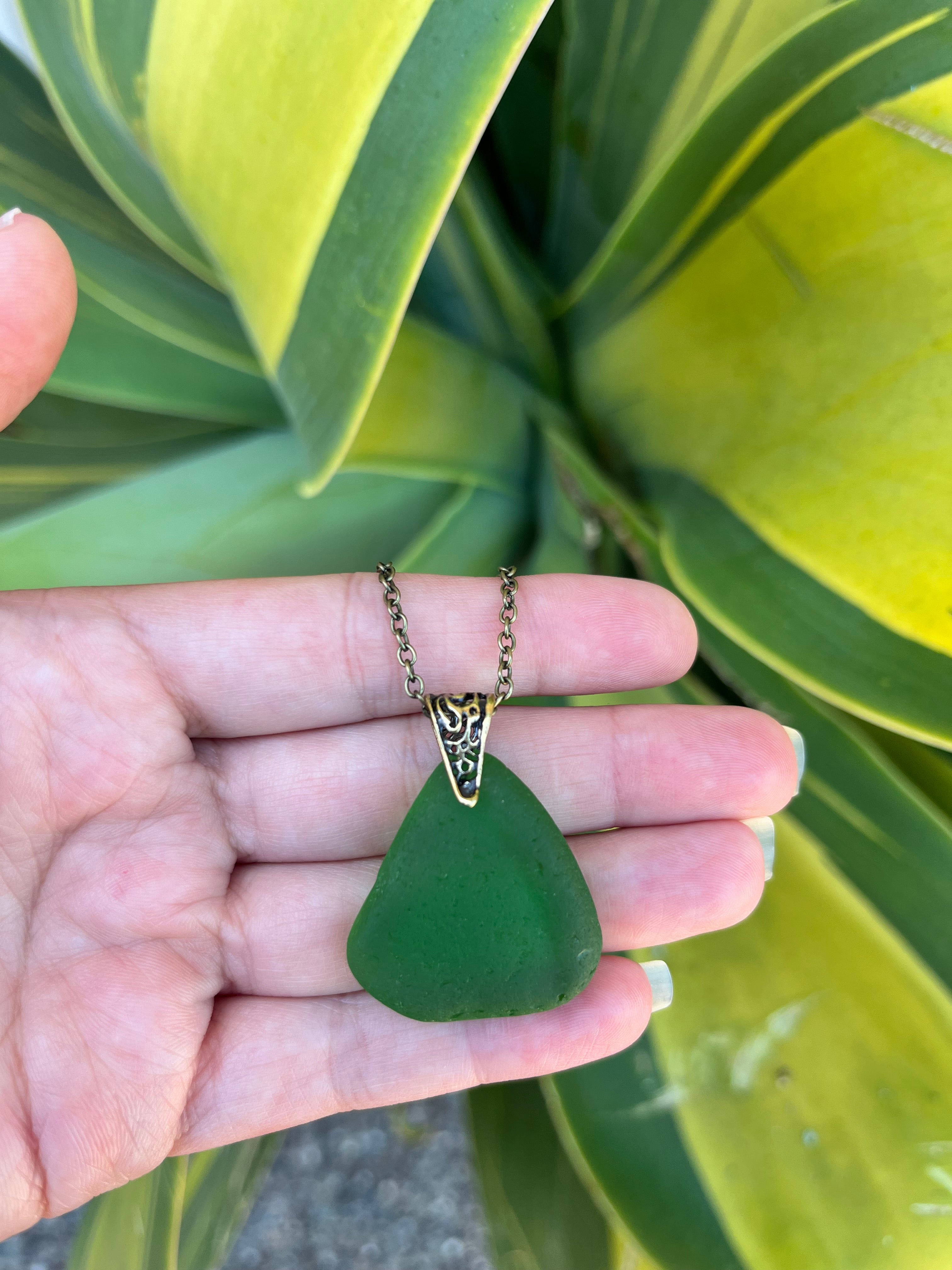 Bronze Sea Glass Necklace in Kelly Green