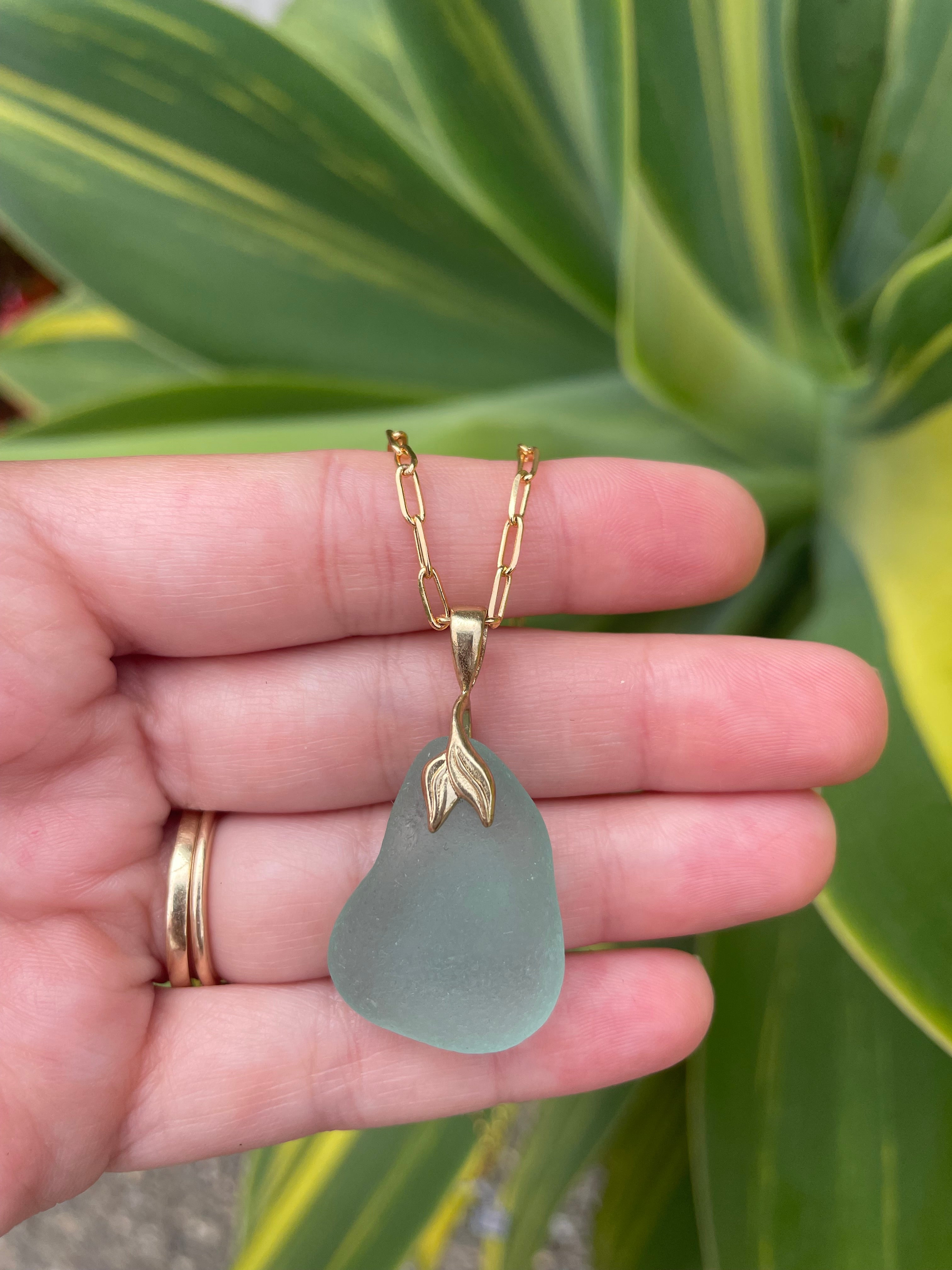 Brass Mermaid Sea Glass Necklace in Light Blue