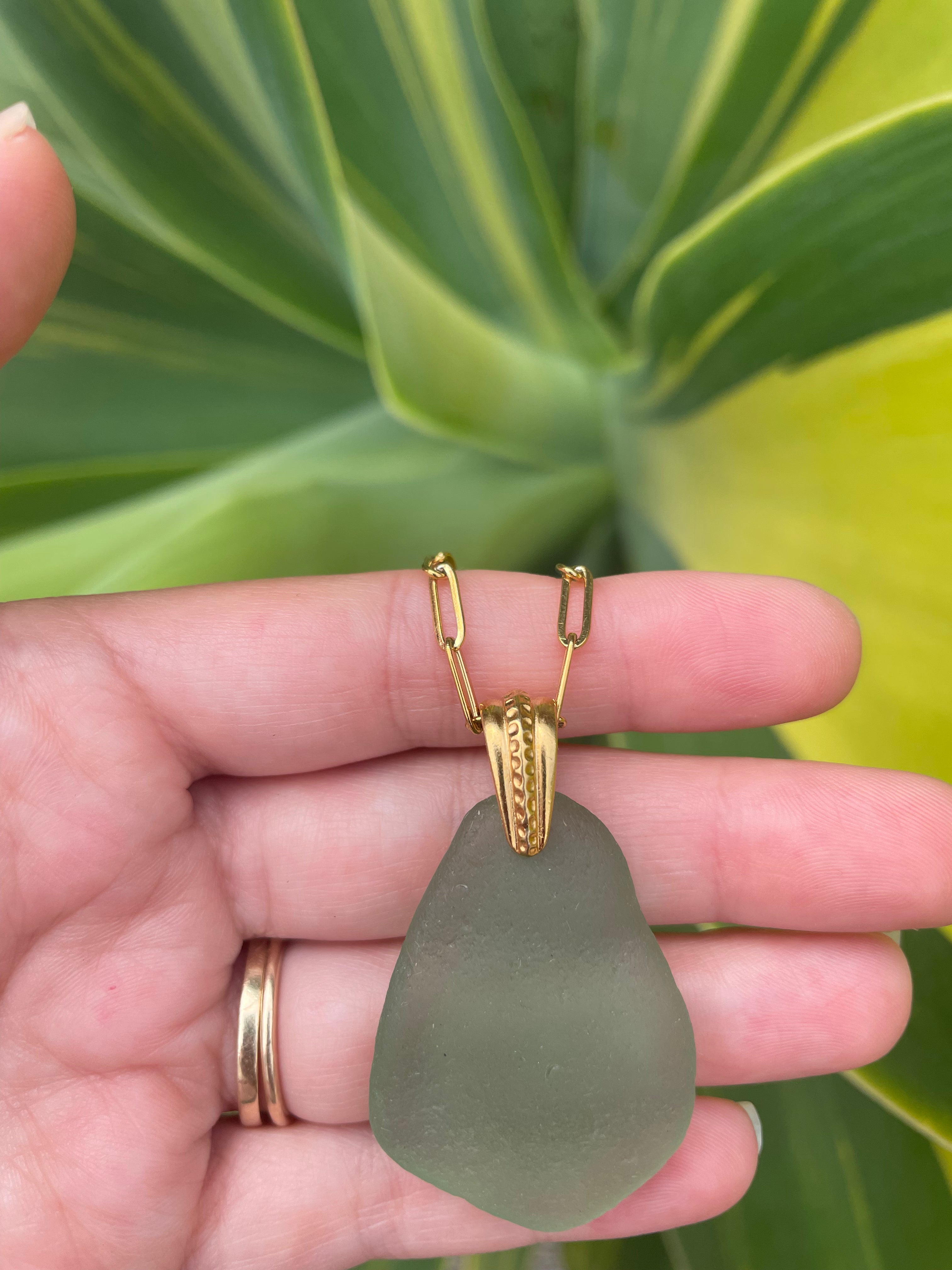 Brass Sea Glass Necklace in Light Green
