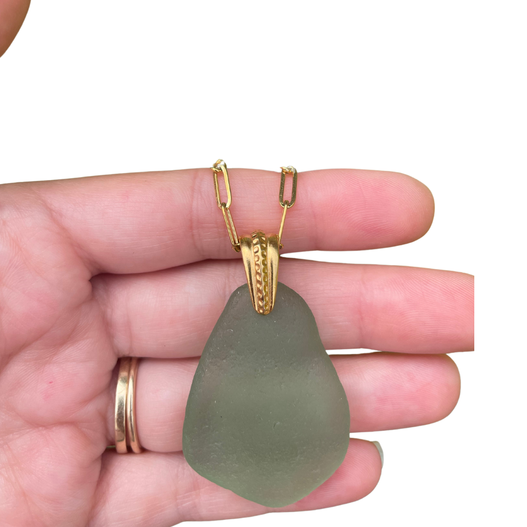 Brass Sea Glass Necklace in Light Green