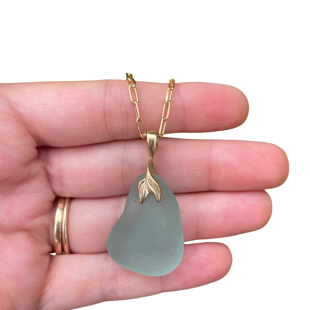 Brass Mermaid Sea Glass Necklace in Light Blue