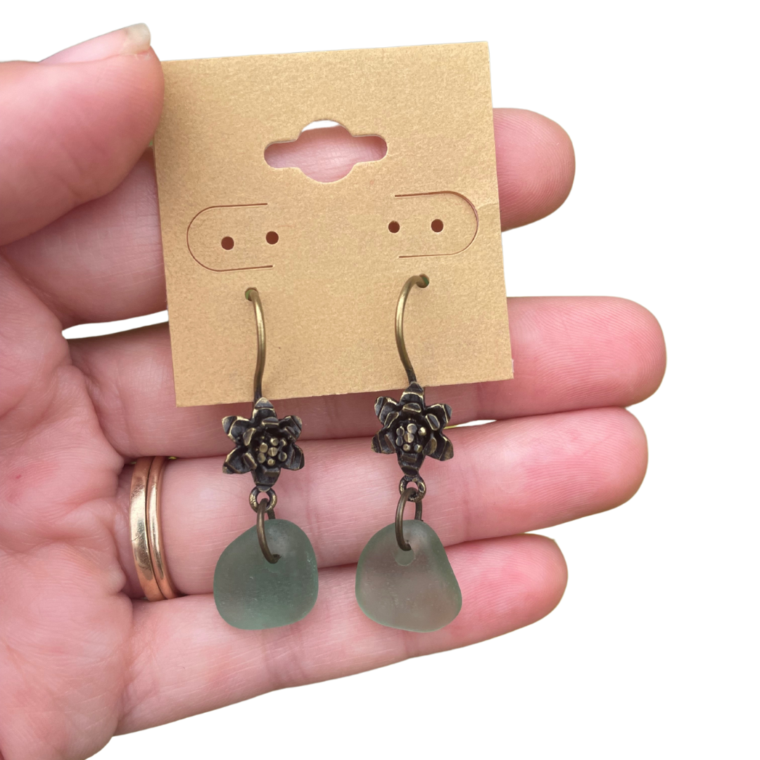 Bronze Flower Sea Glass Earrings in Light Blue