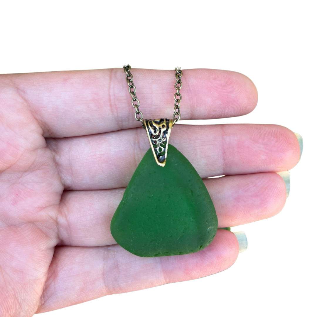 Bronze Sea Glass Necklace in Kelly Green