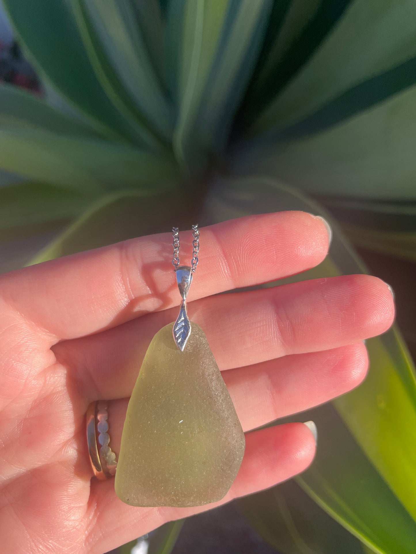 Leaf Sea Glass Pendant Necklace in Sage Green