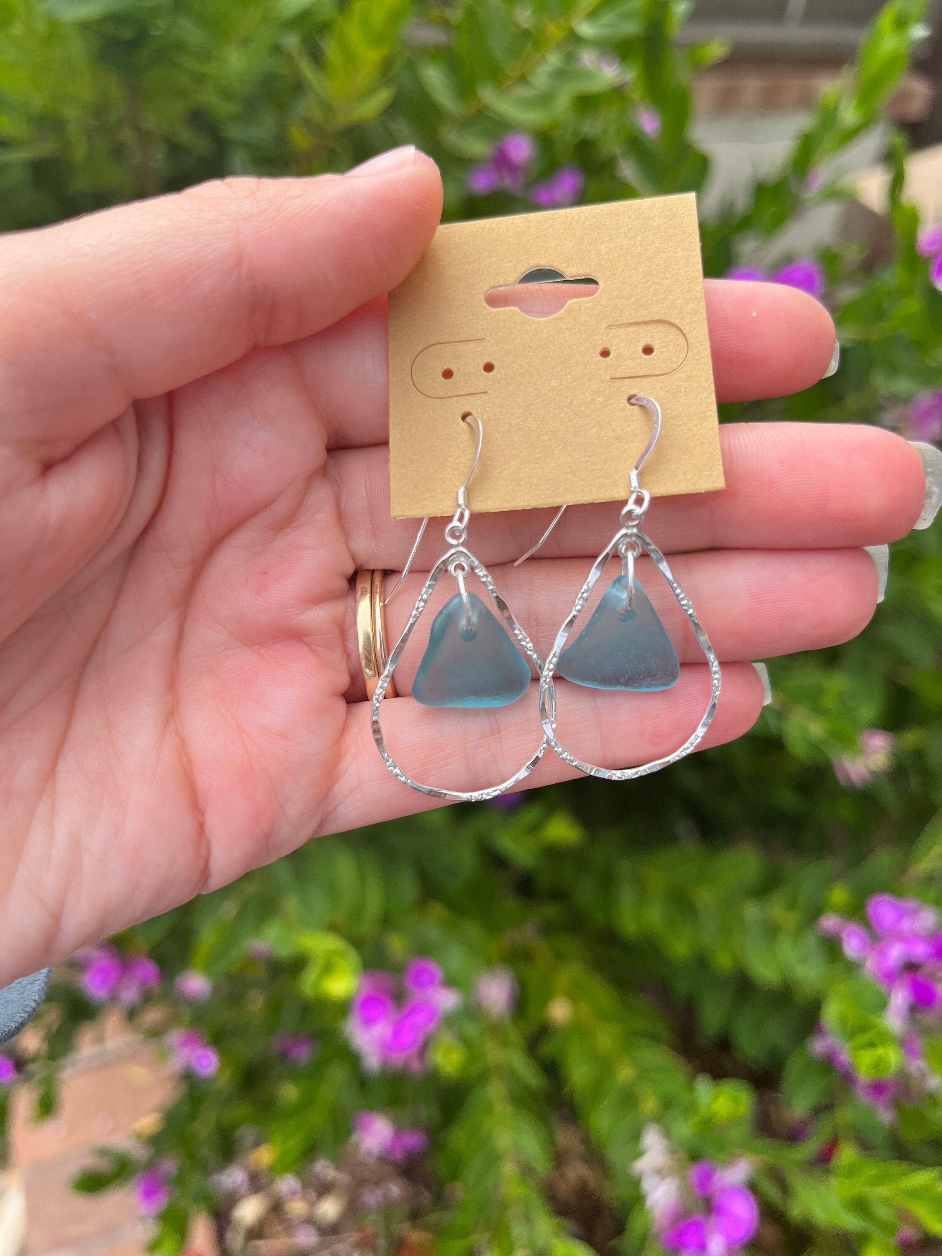 Hoop Sea Glass Earrings in Light Blue