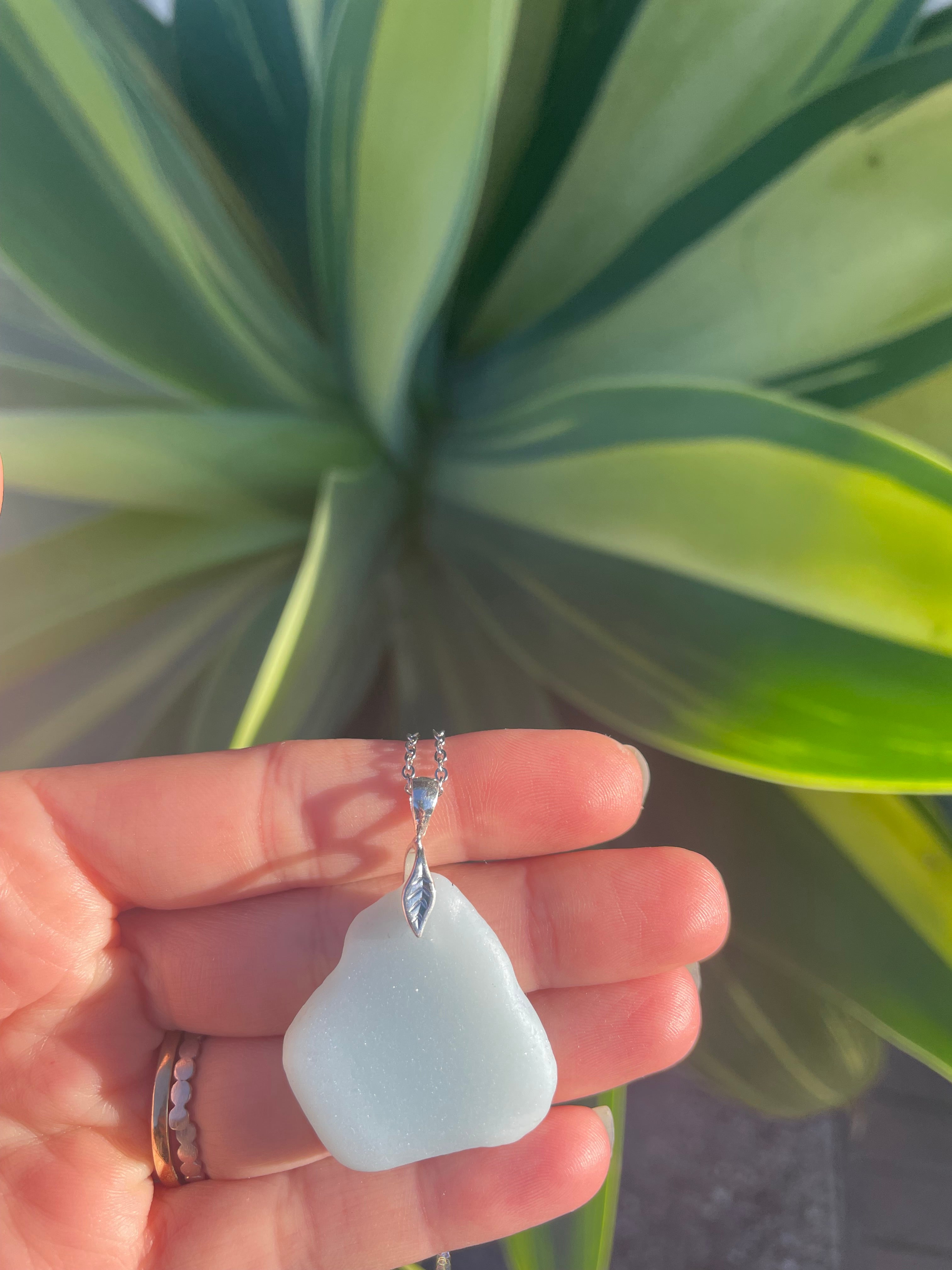 Leaf Sea Glass Pendant Necklace in Milky White