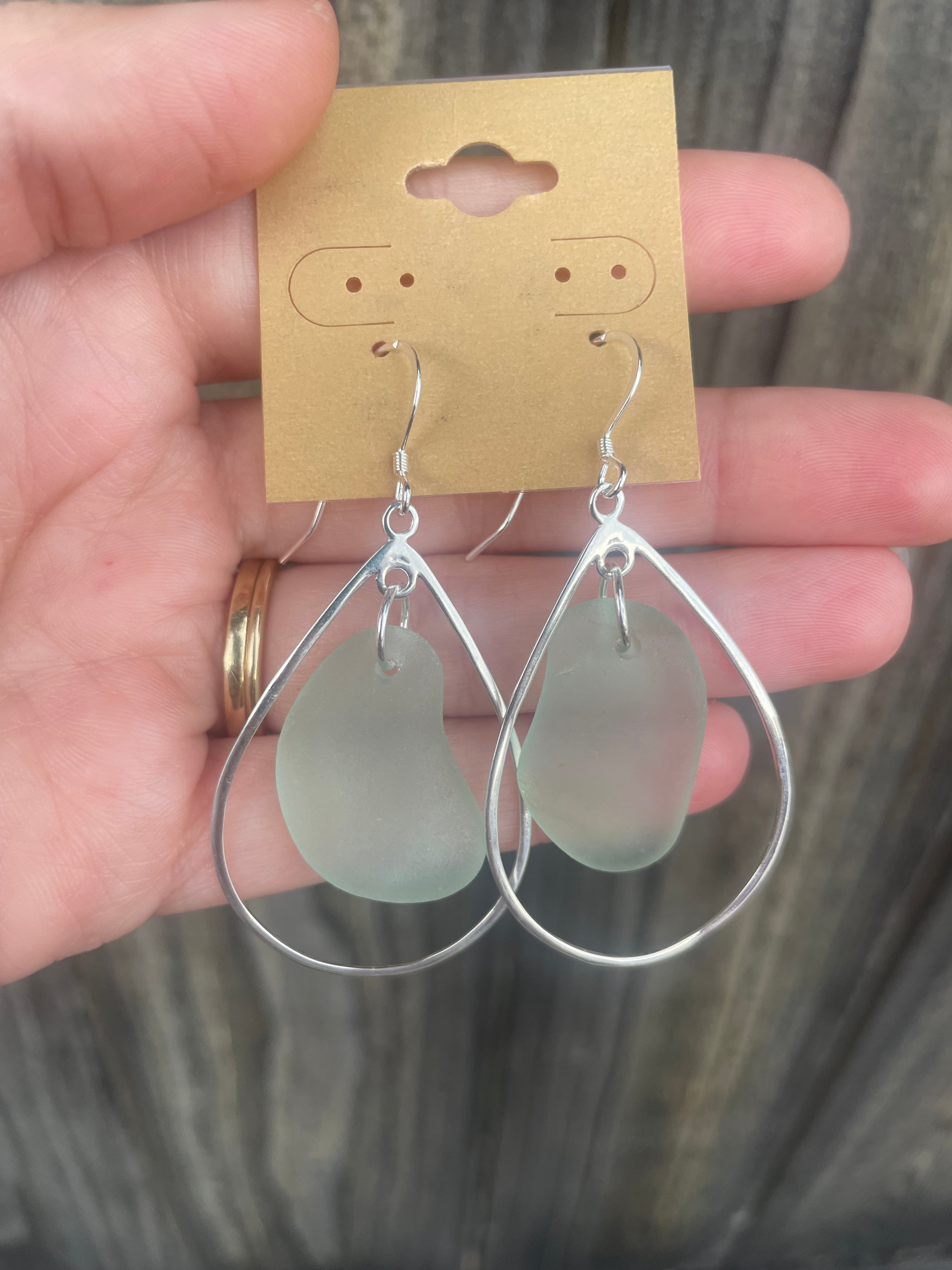 Oval Hoops Sea Glass Earrings in Light Blue