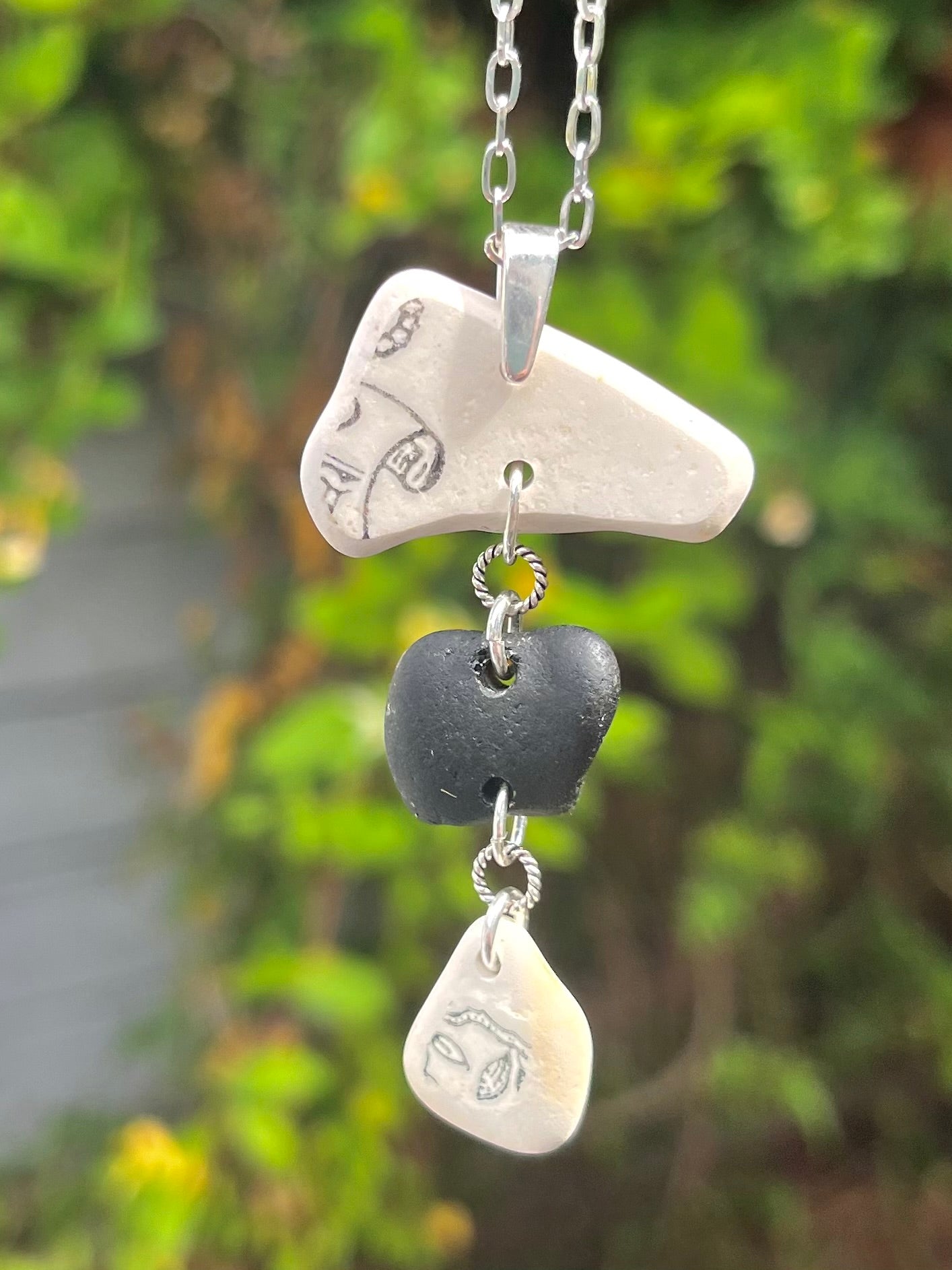 Spain Pottery and Sea Glass Necklace in Grey Fog