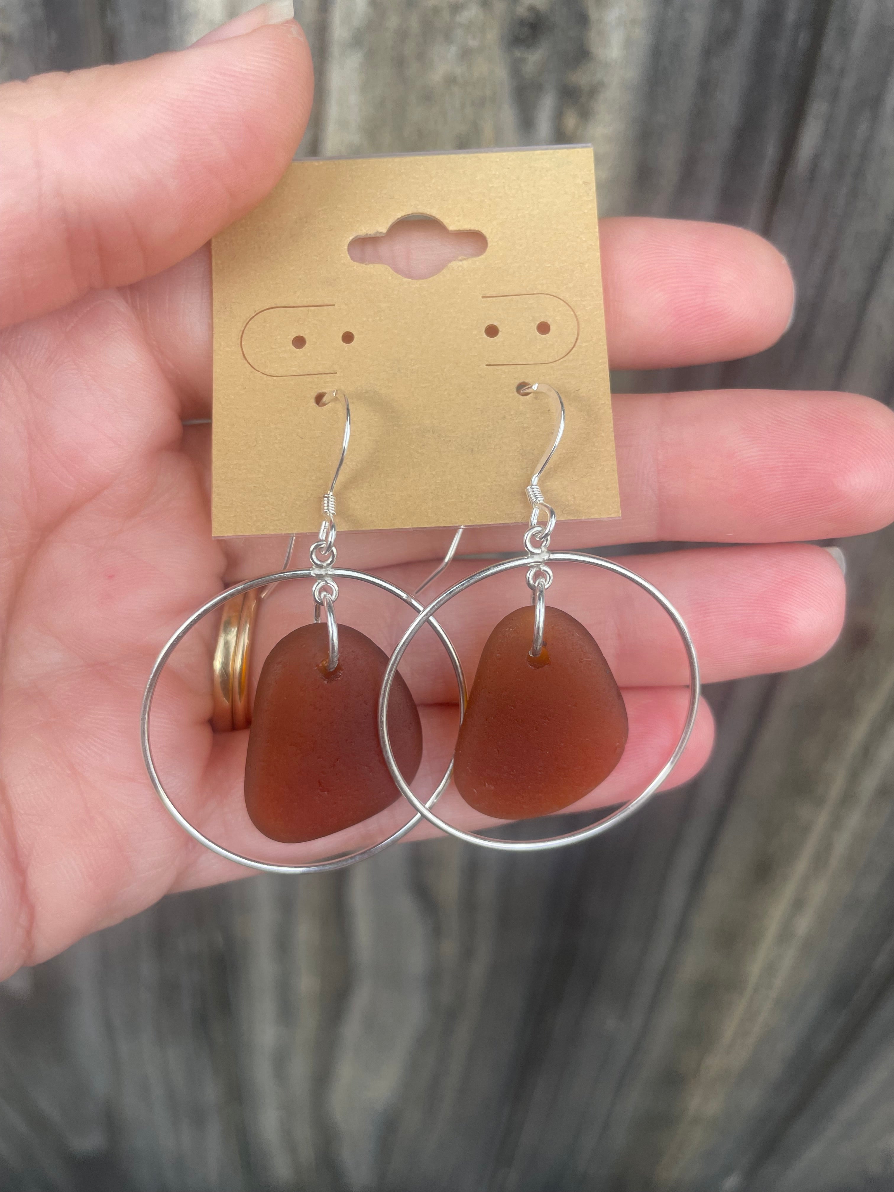 Circle Hoops Sea Glass Earrings in Brown