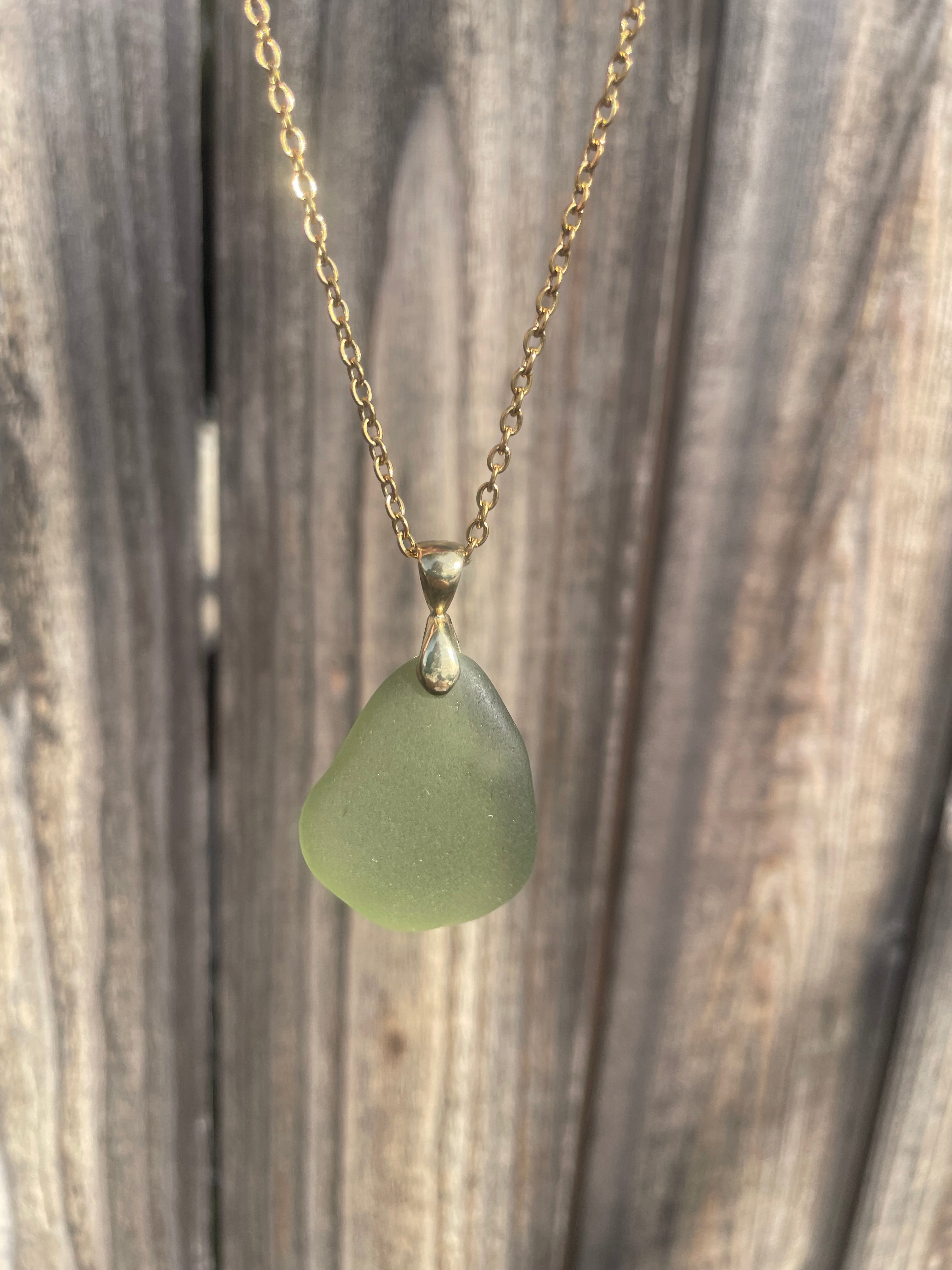 Brass Sea Glass Pendant Necklace in Light Green