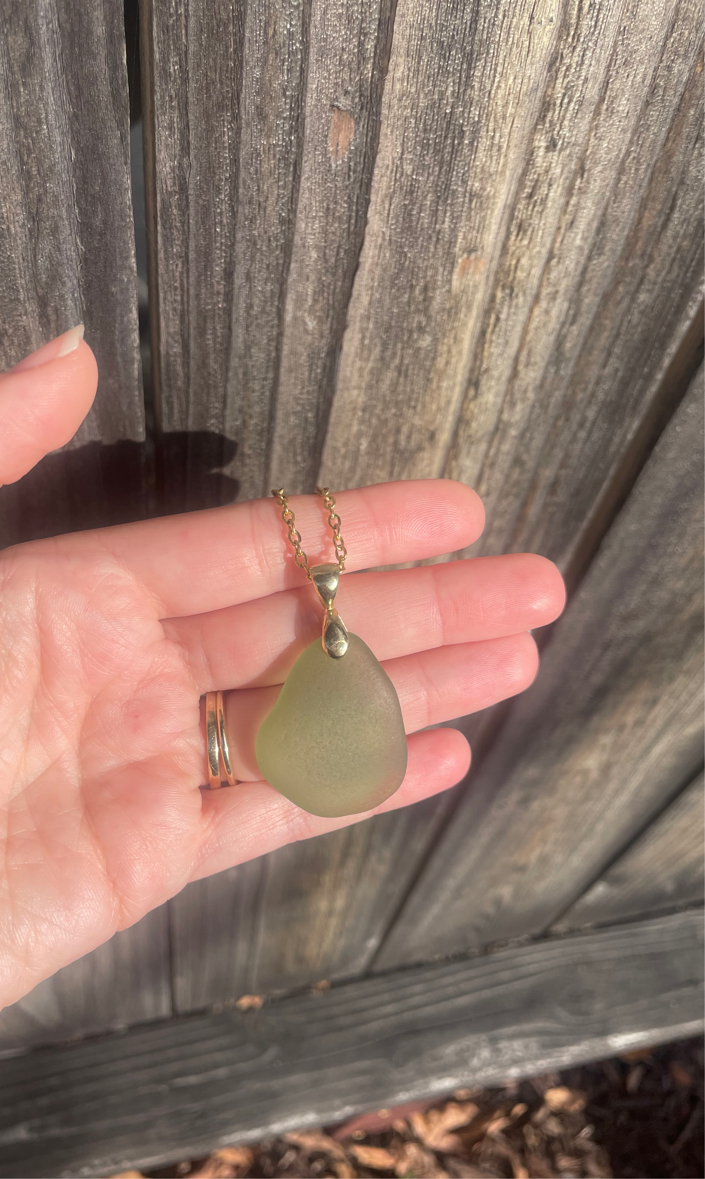 Brass Sea Glass Pendant Necklace in Light Green