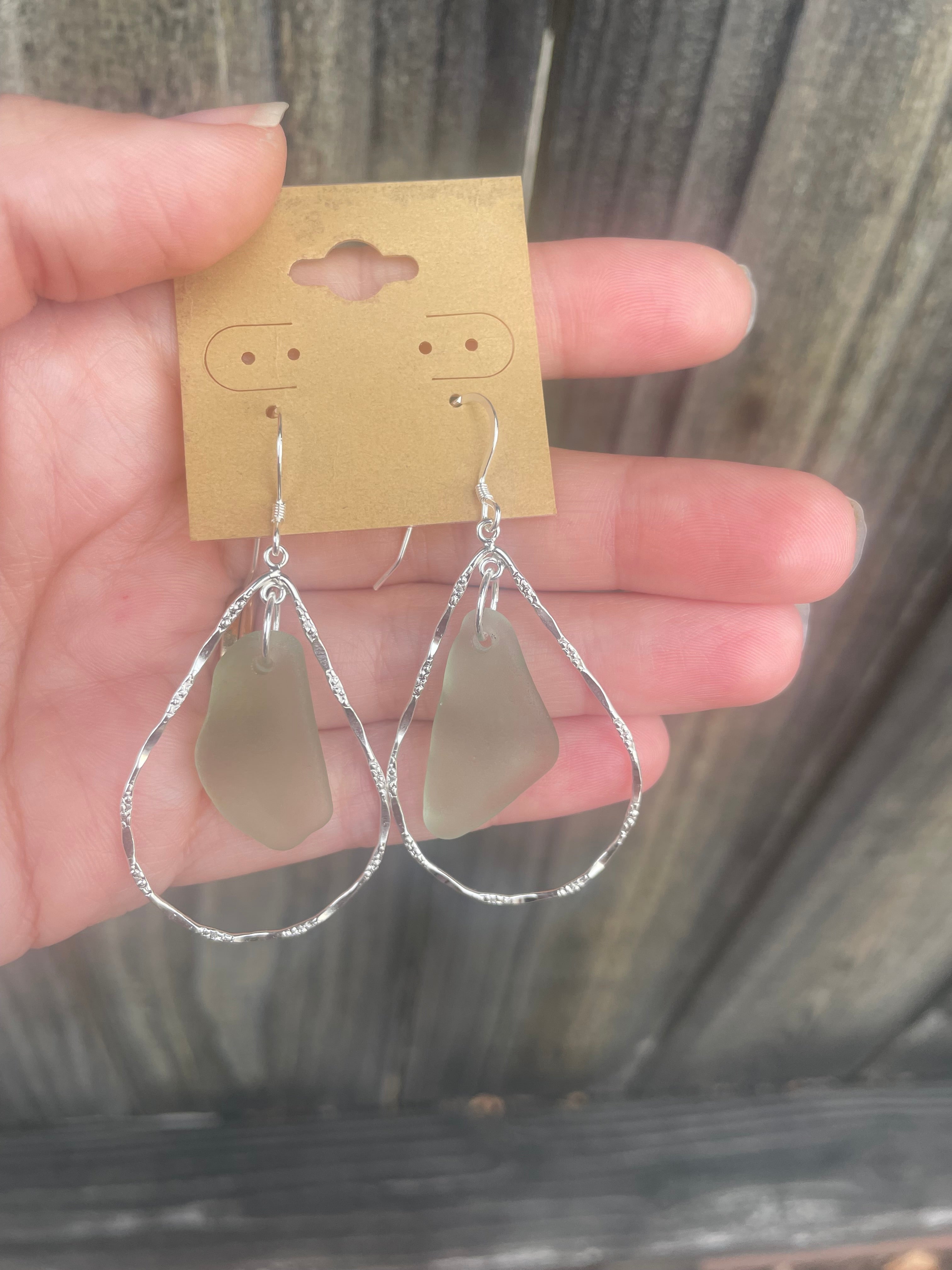 Hammered Hoop Sea Glass Earrings in Light Green