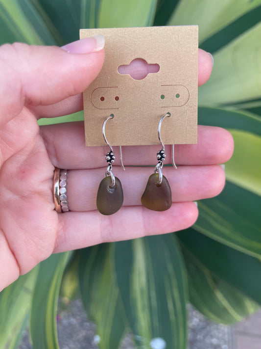 Olive green sea glass earrings