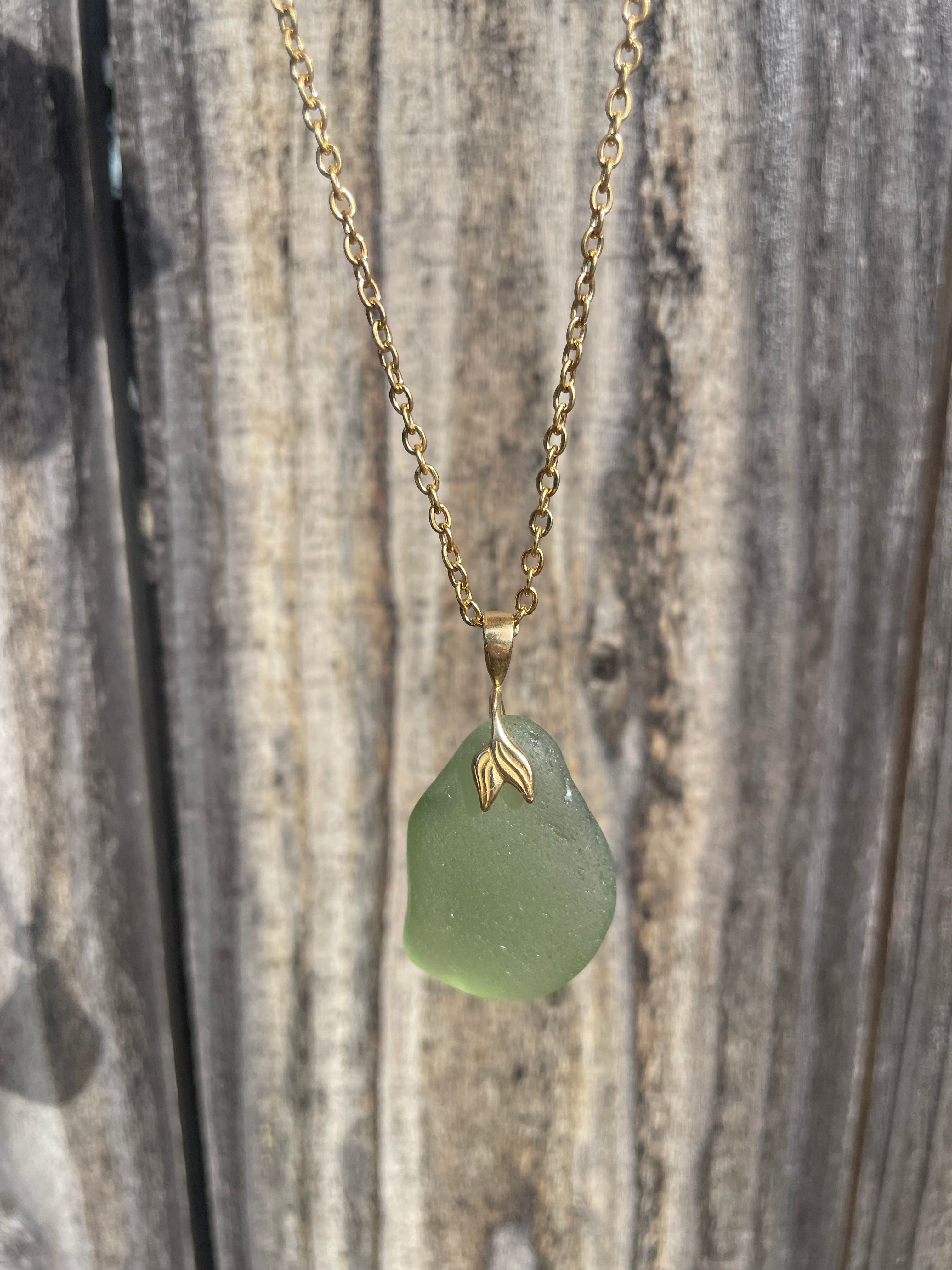 Mermaid Sea Glass Pendant Necklace in Light Green