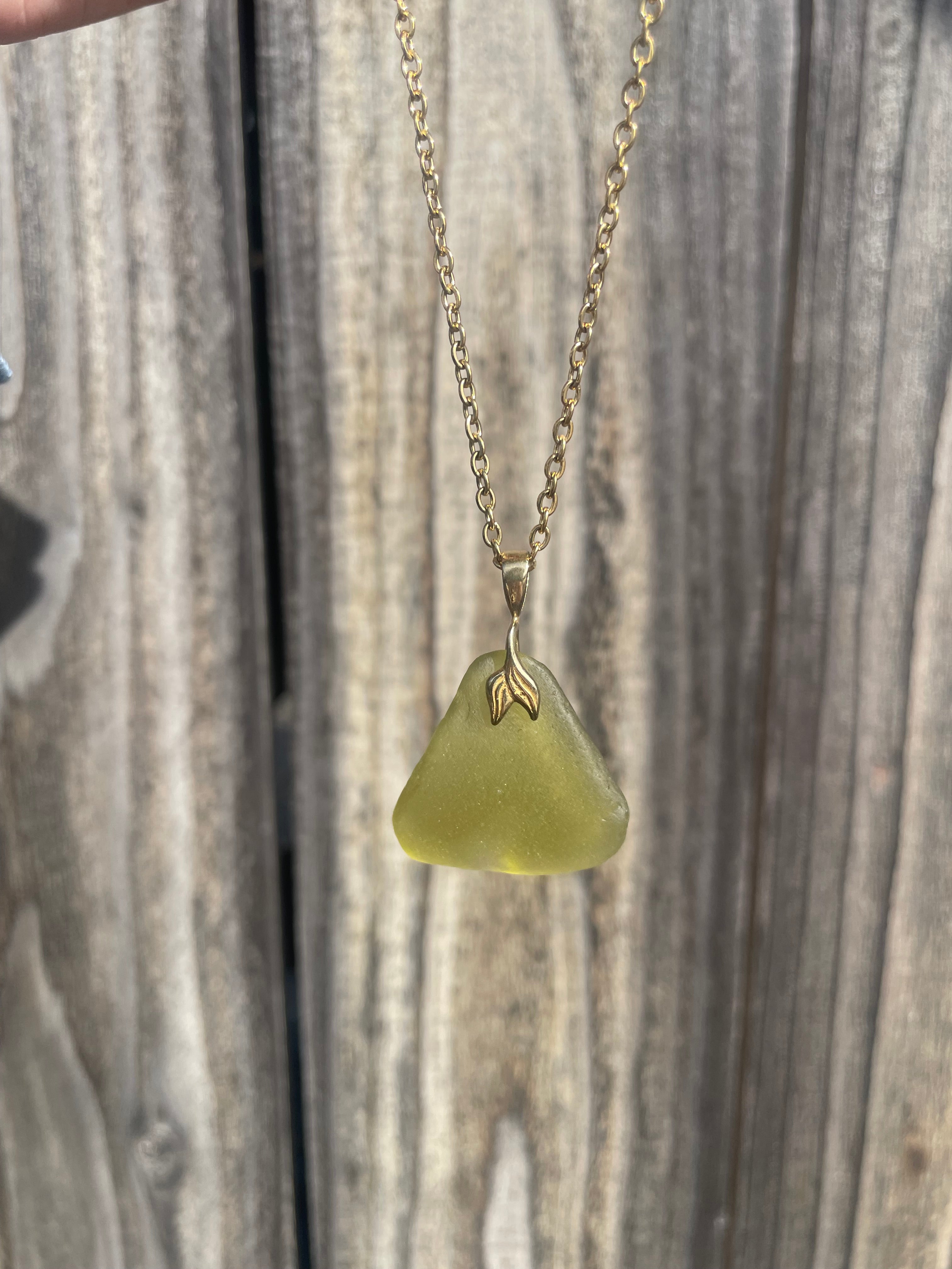 Brass Mermaid Sea Glass Pendant necklace in Yellow/Amber