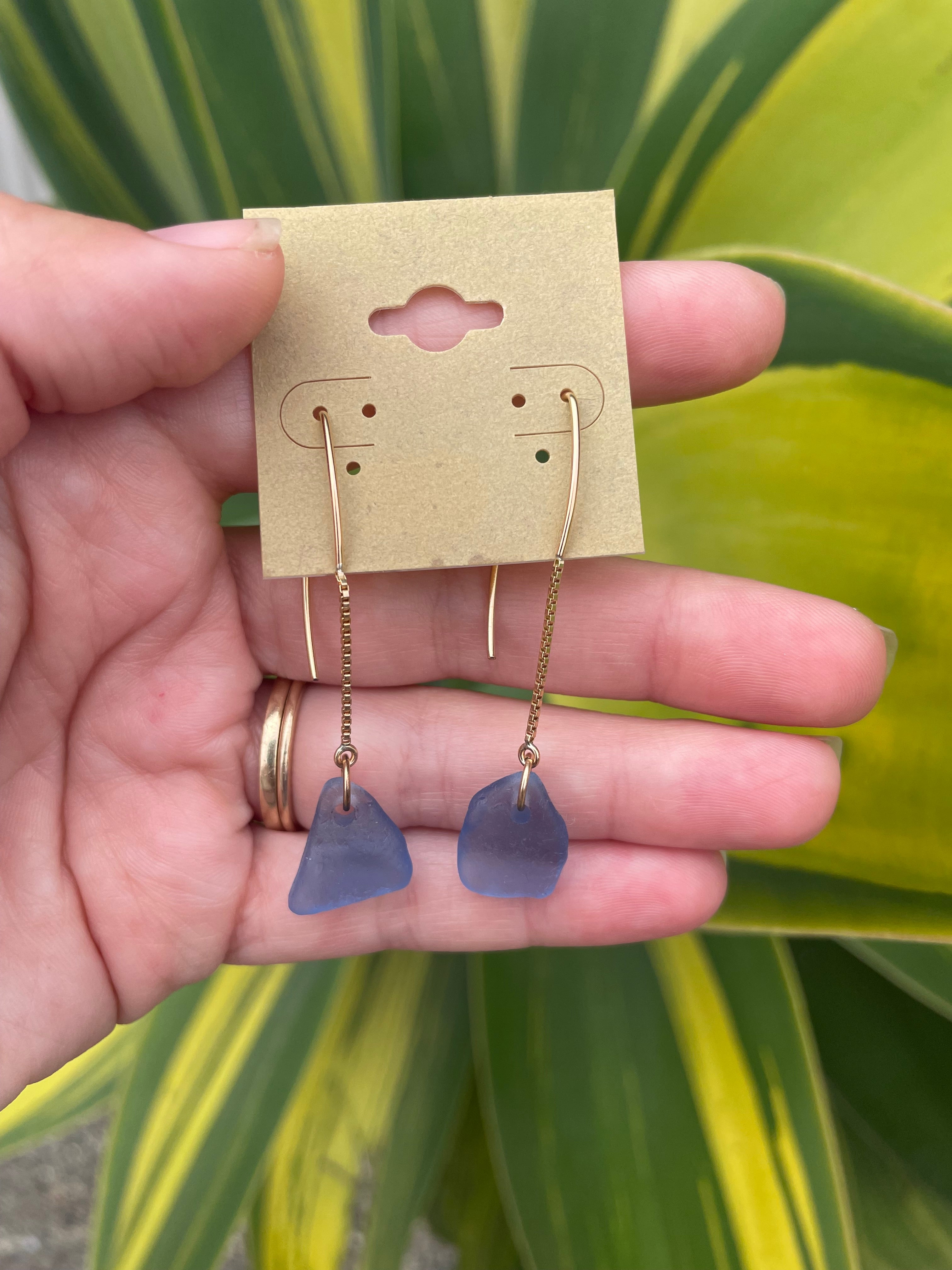 Hook Threader Sea Glass Earrings in Cornflower Blue