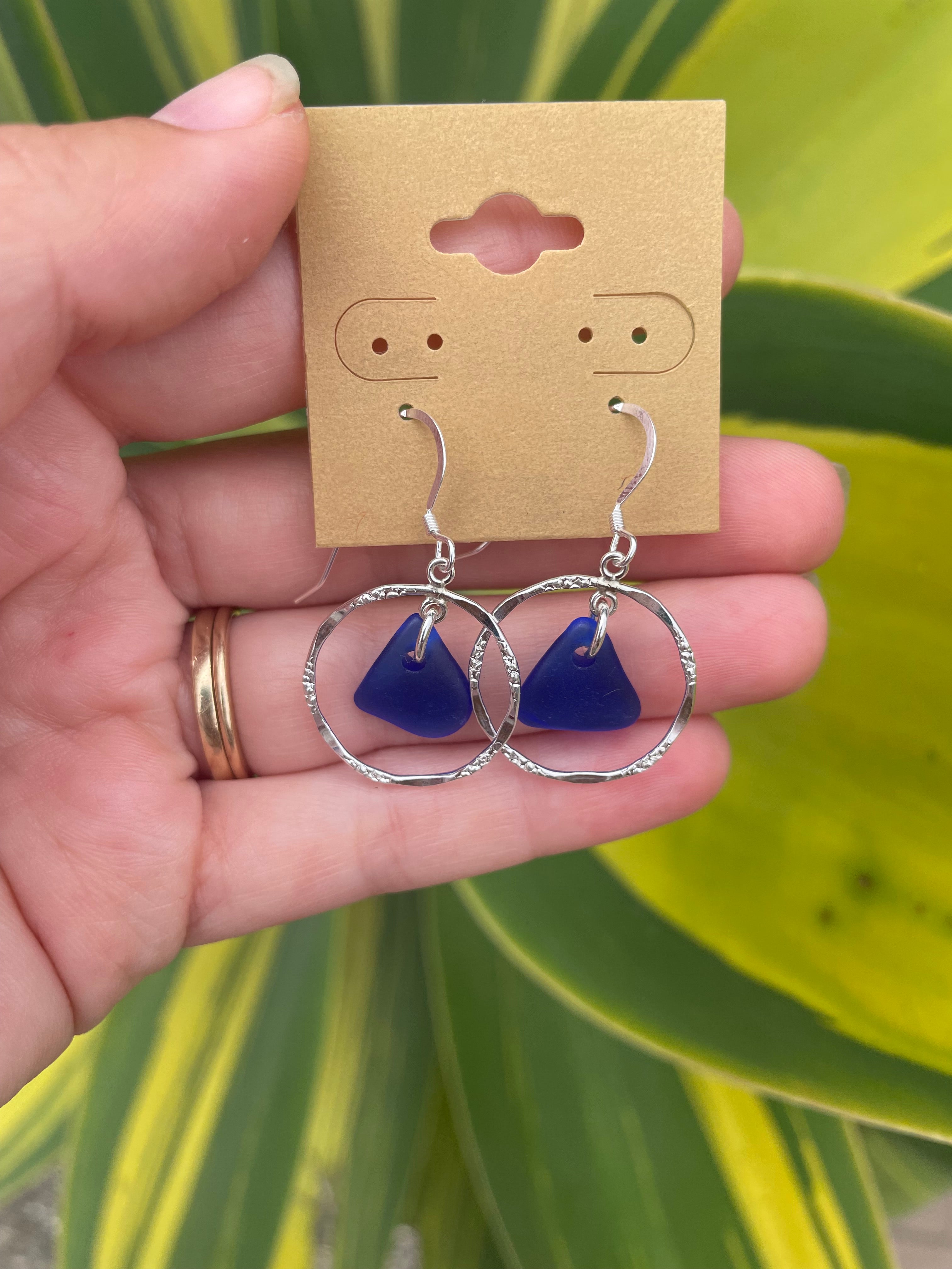 Silver Sea Glass Hoops in Cobalt Blue