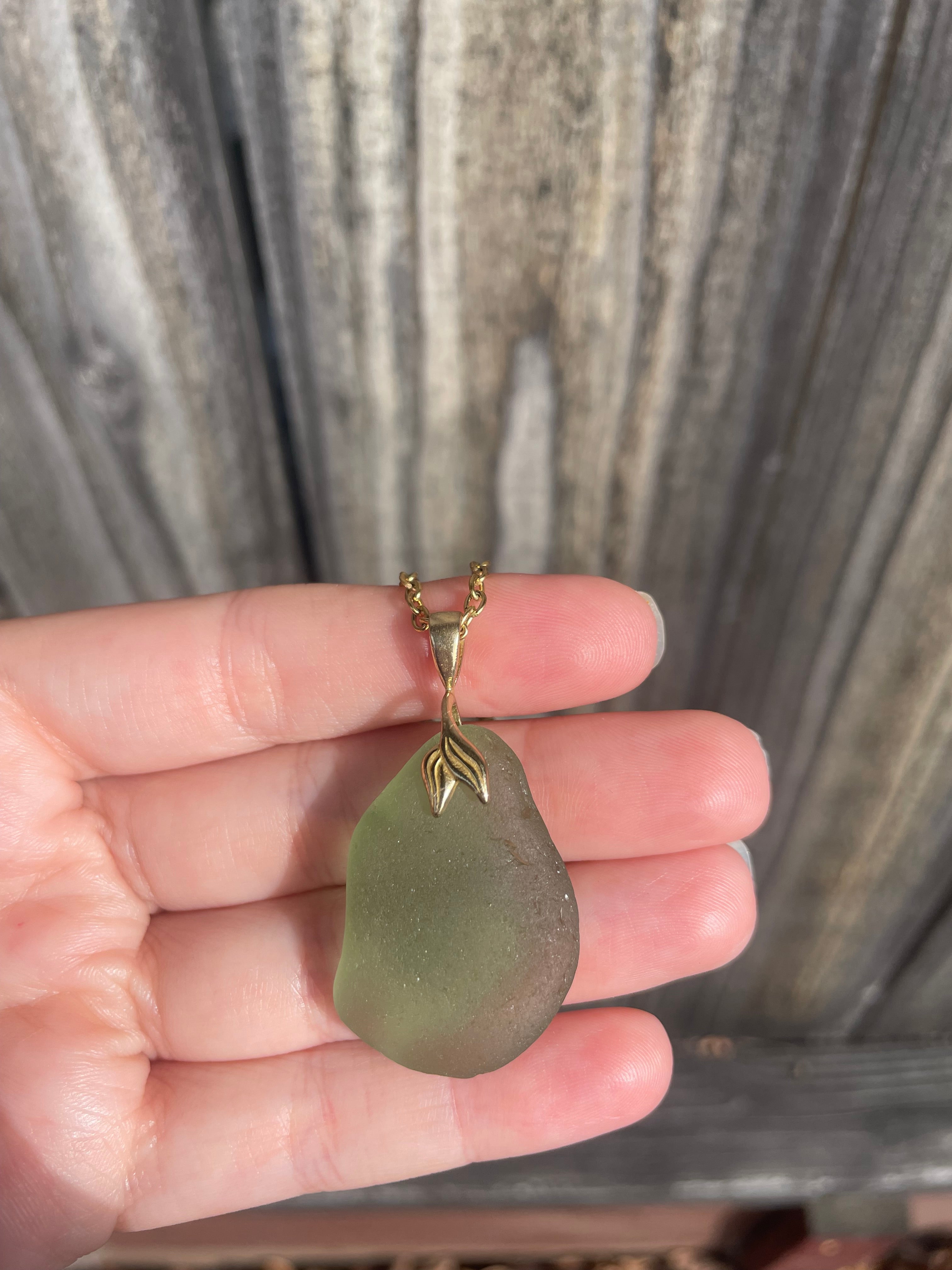 Mermaid Sea Glass Pendant Necklace in Light Green