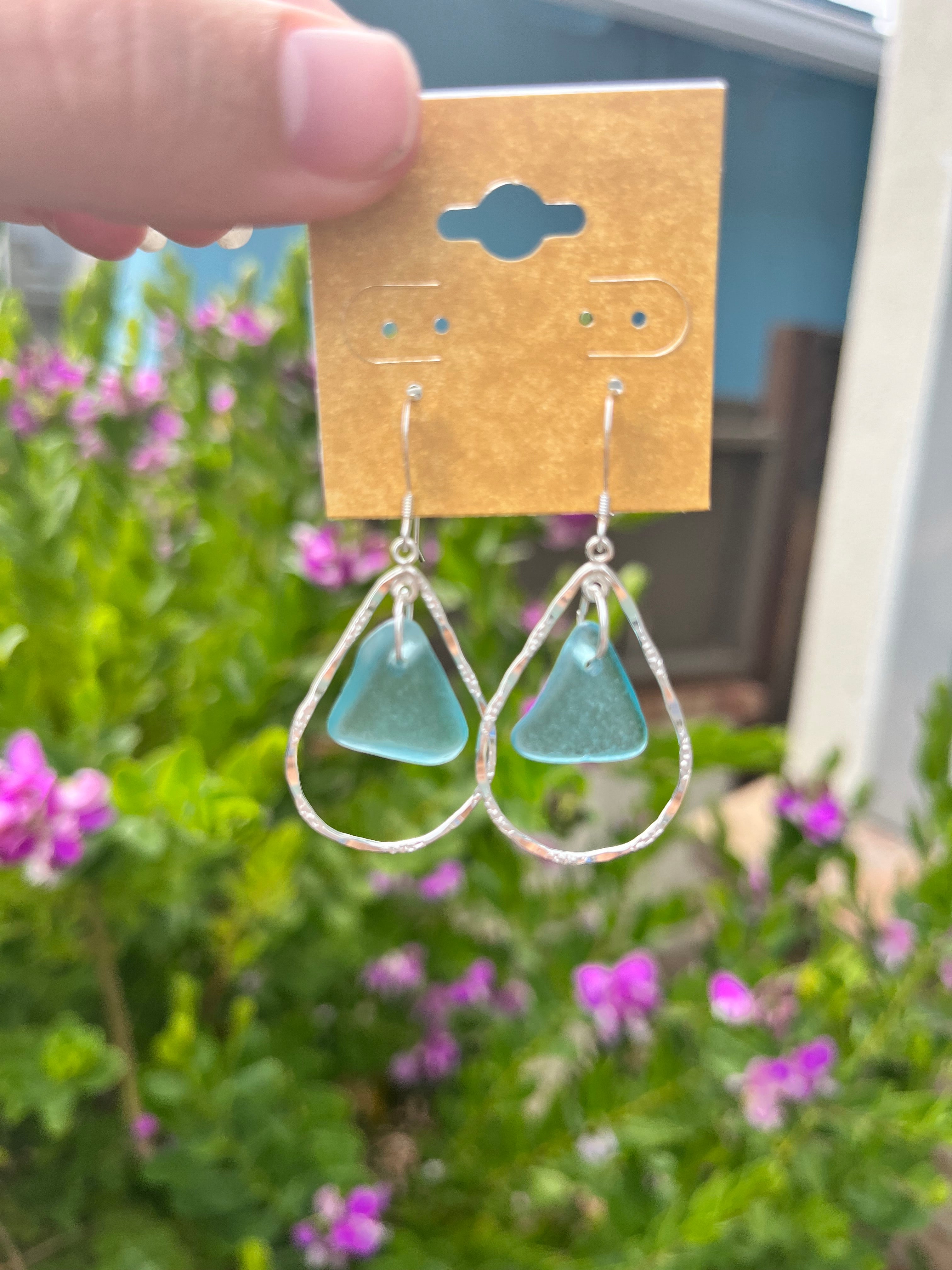 Hoop Sea Glass Earrings in Light Blue