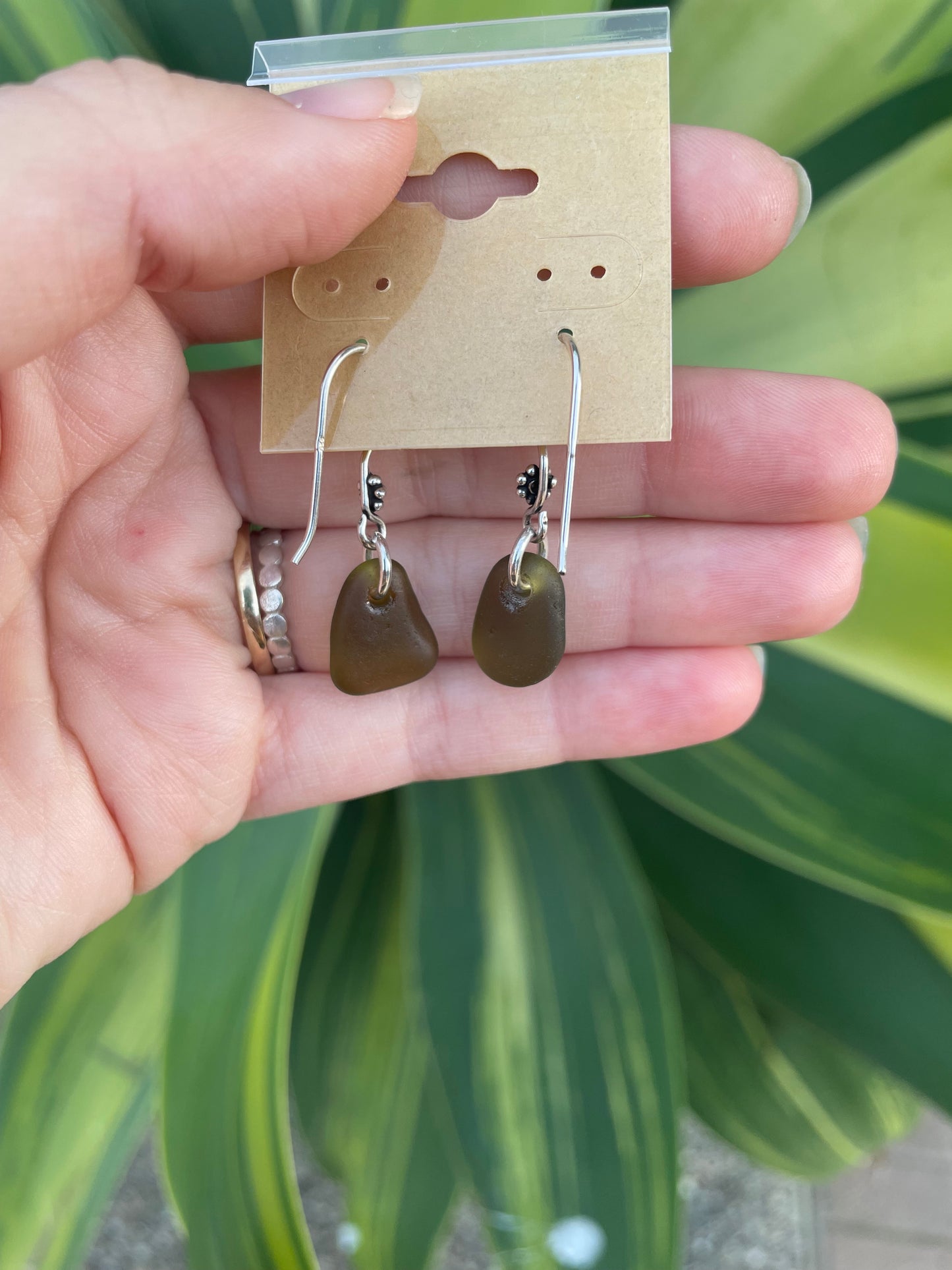 Olive green sea glass earrings