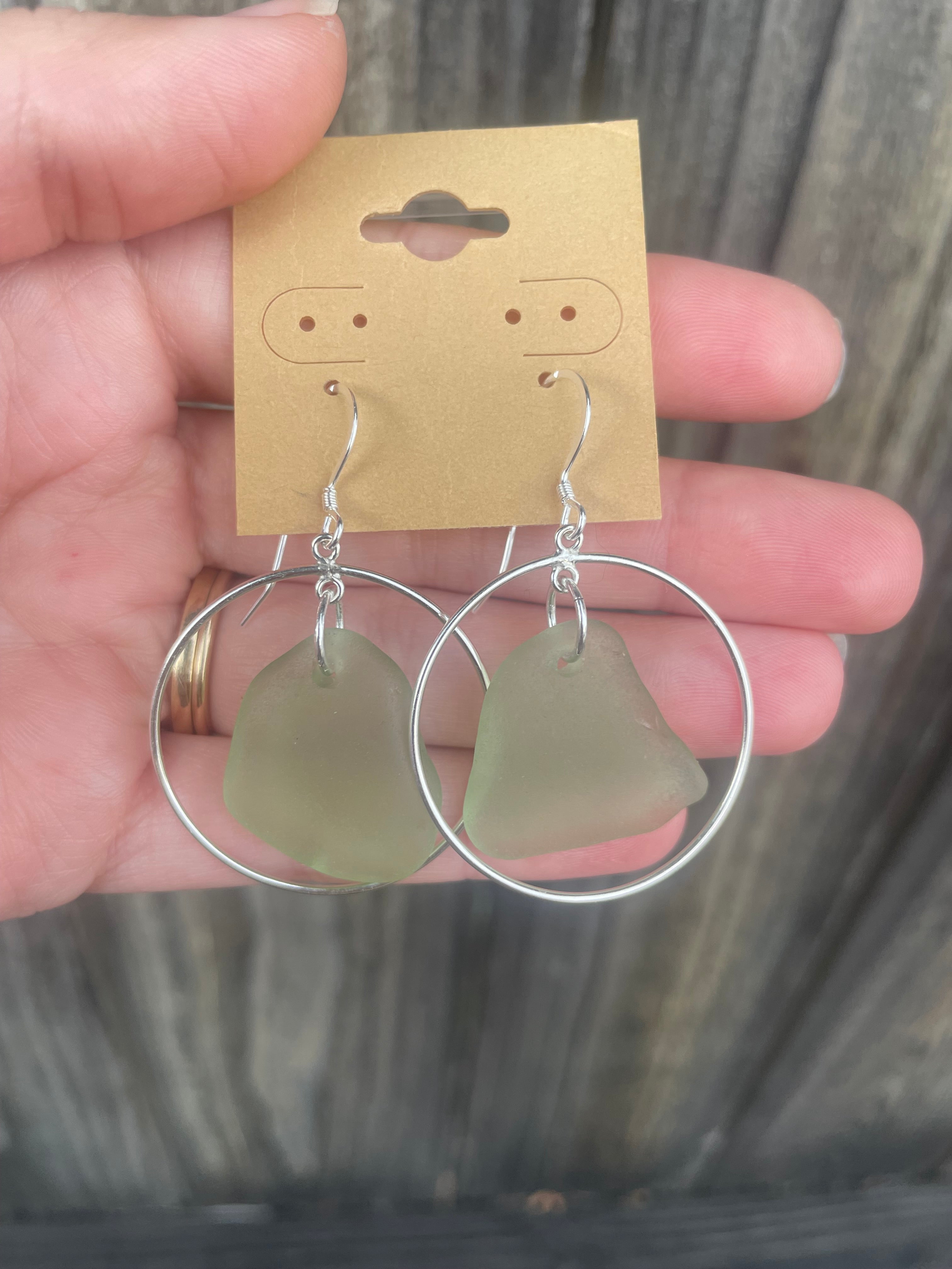 Circle Hoops Sea Glass Earrings in Light Green