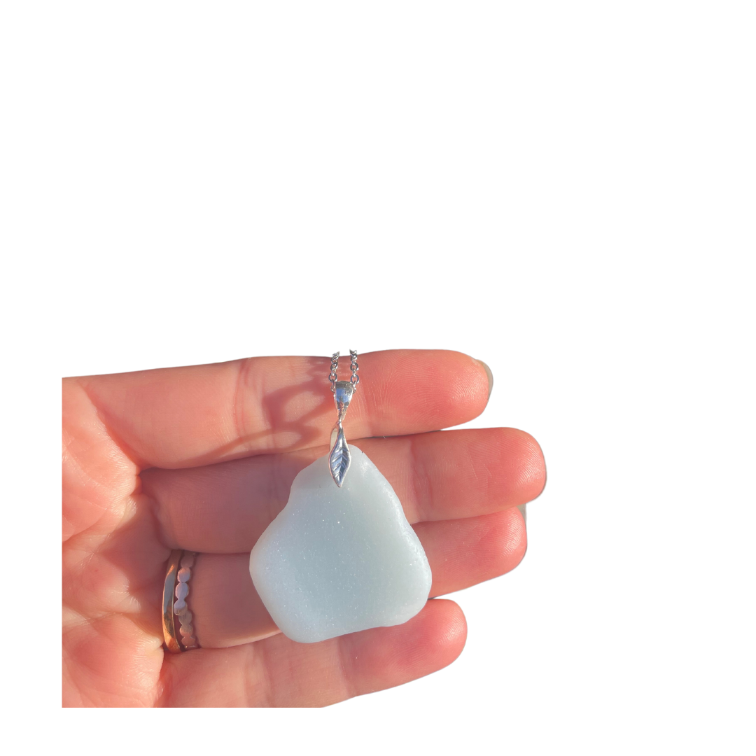 Leaf Sea Glass Pendant Necklace in Milky White