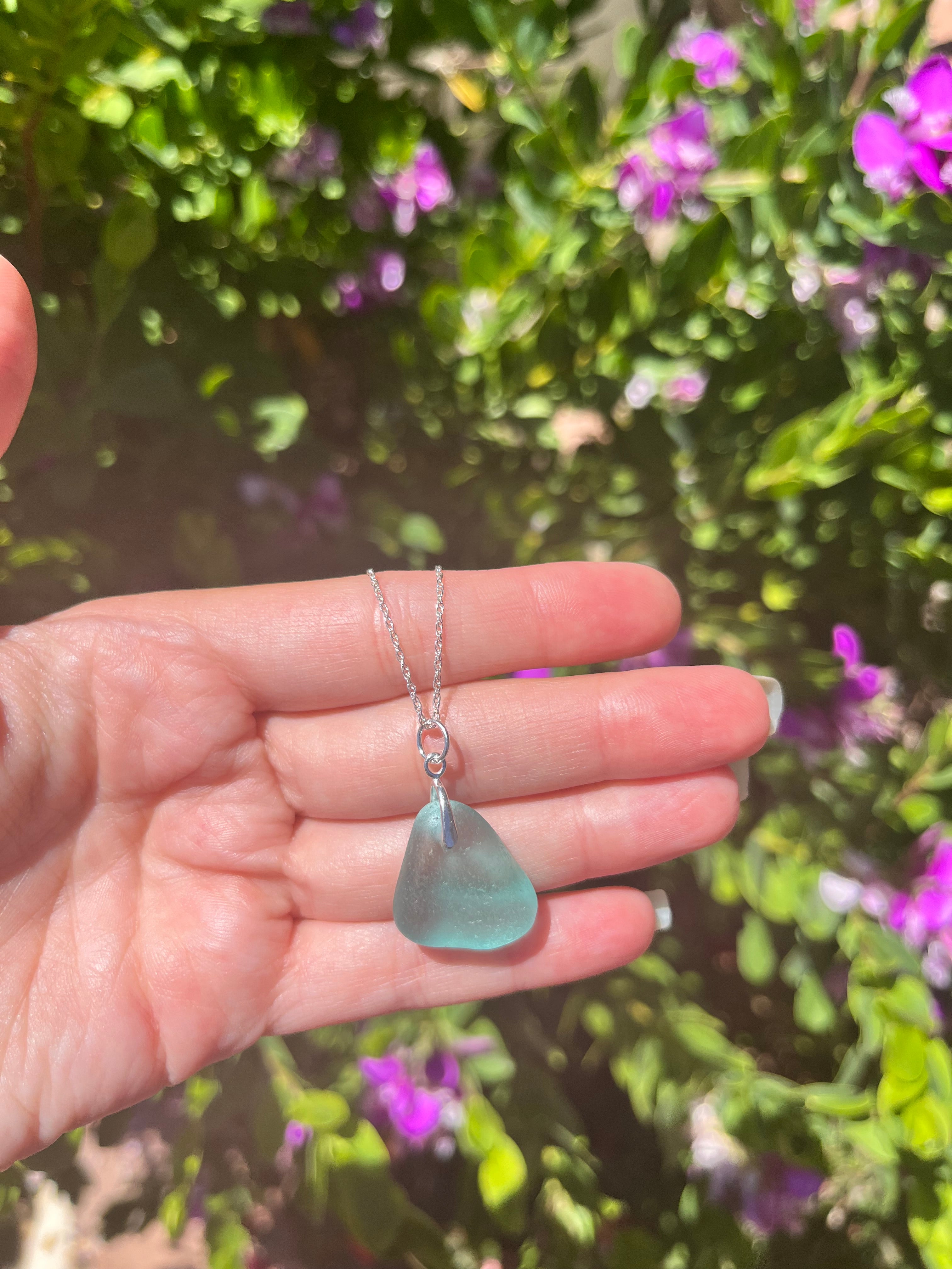 Sea Glass Pendant Necklace in Light Blue