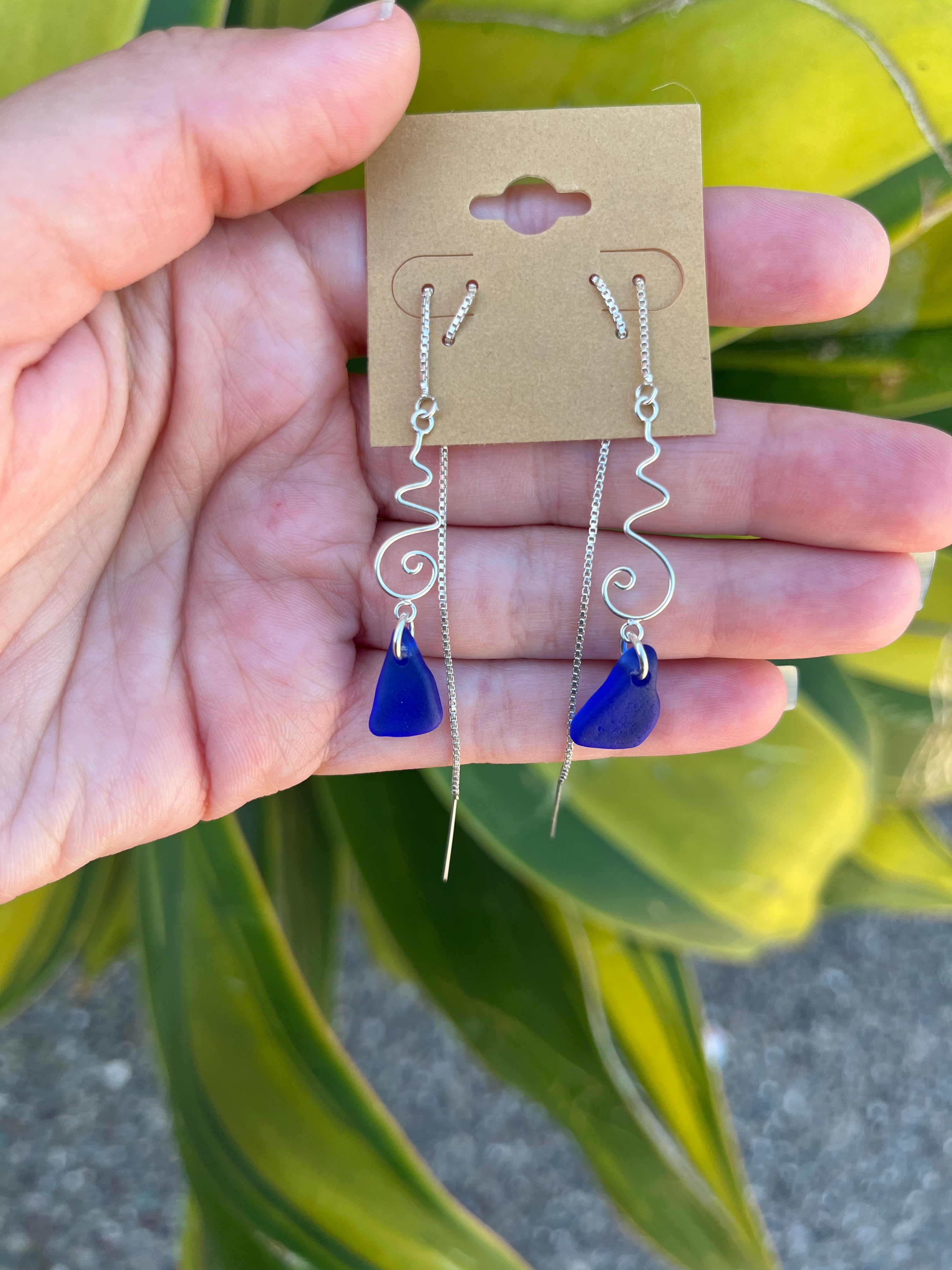 Threader Sea Glass Earrings in Cobalt Blue