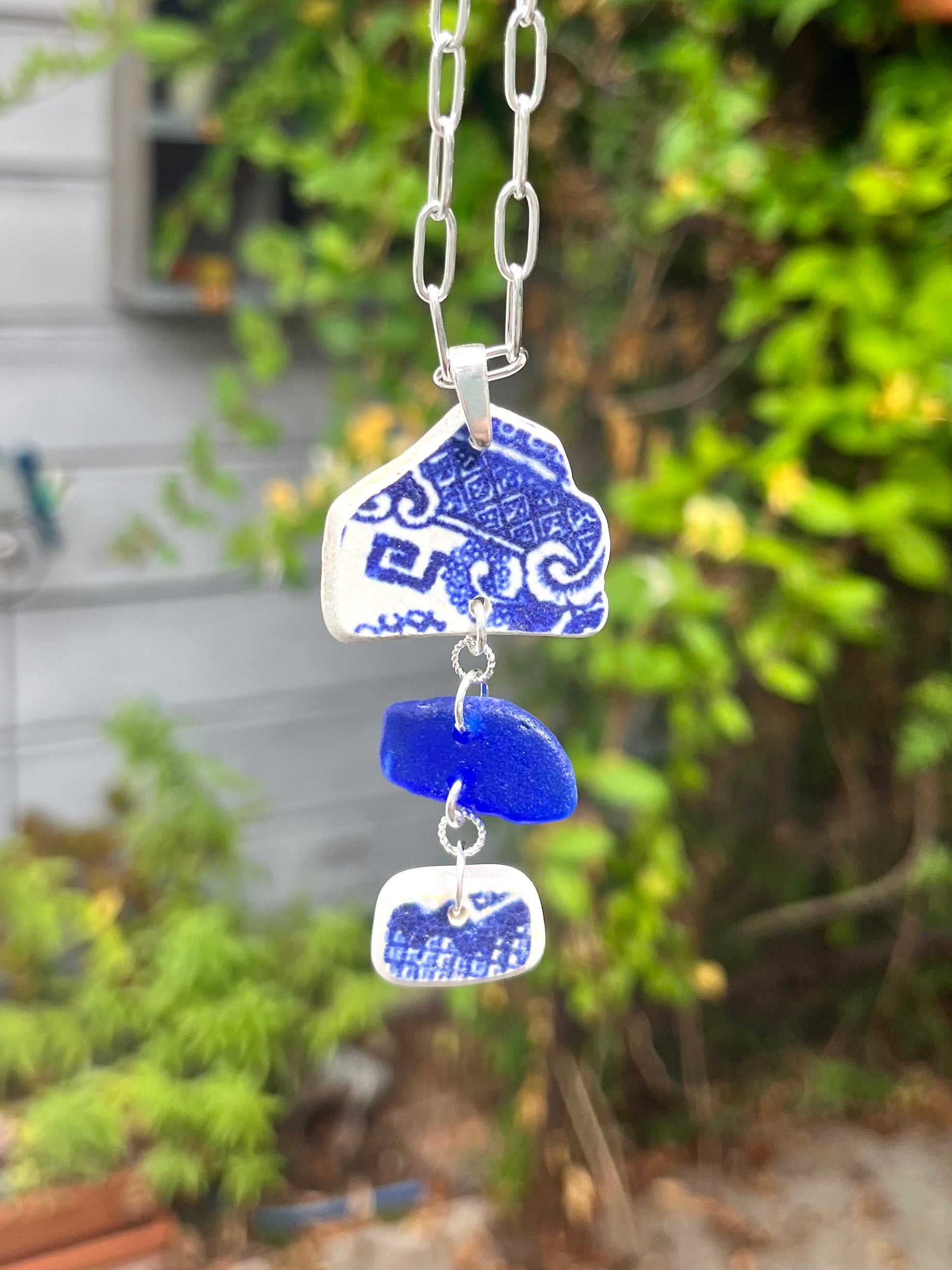 Spain Pottery and Sea Glass Necklace in Cobalt Blue