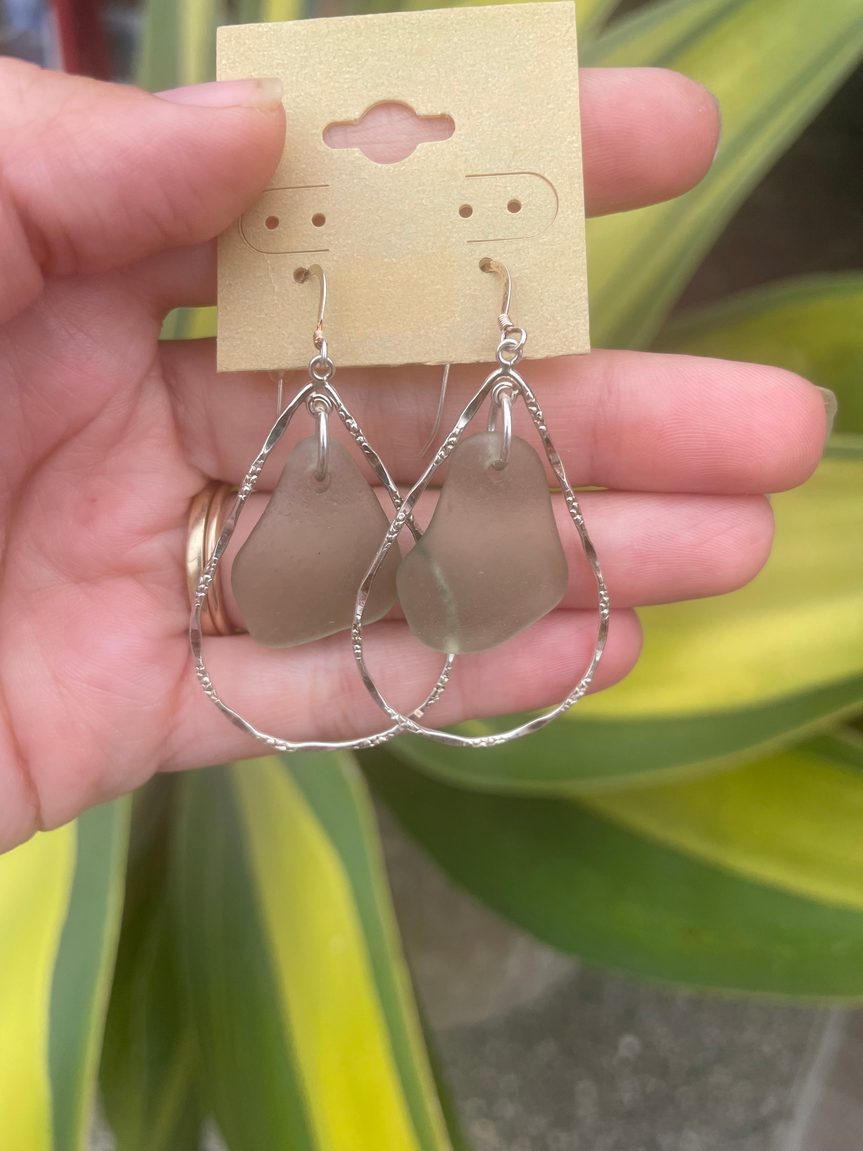 Hoop Sea Glass Earrings in Sage Green