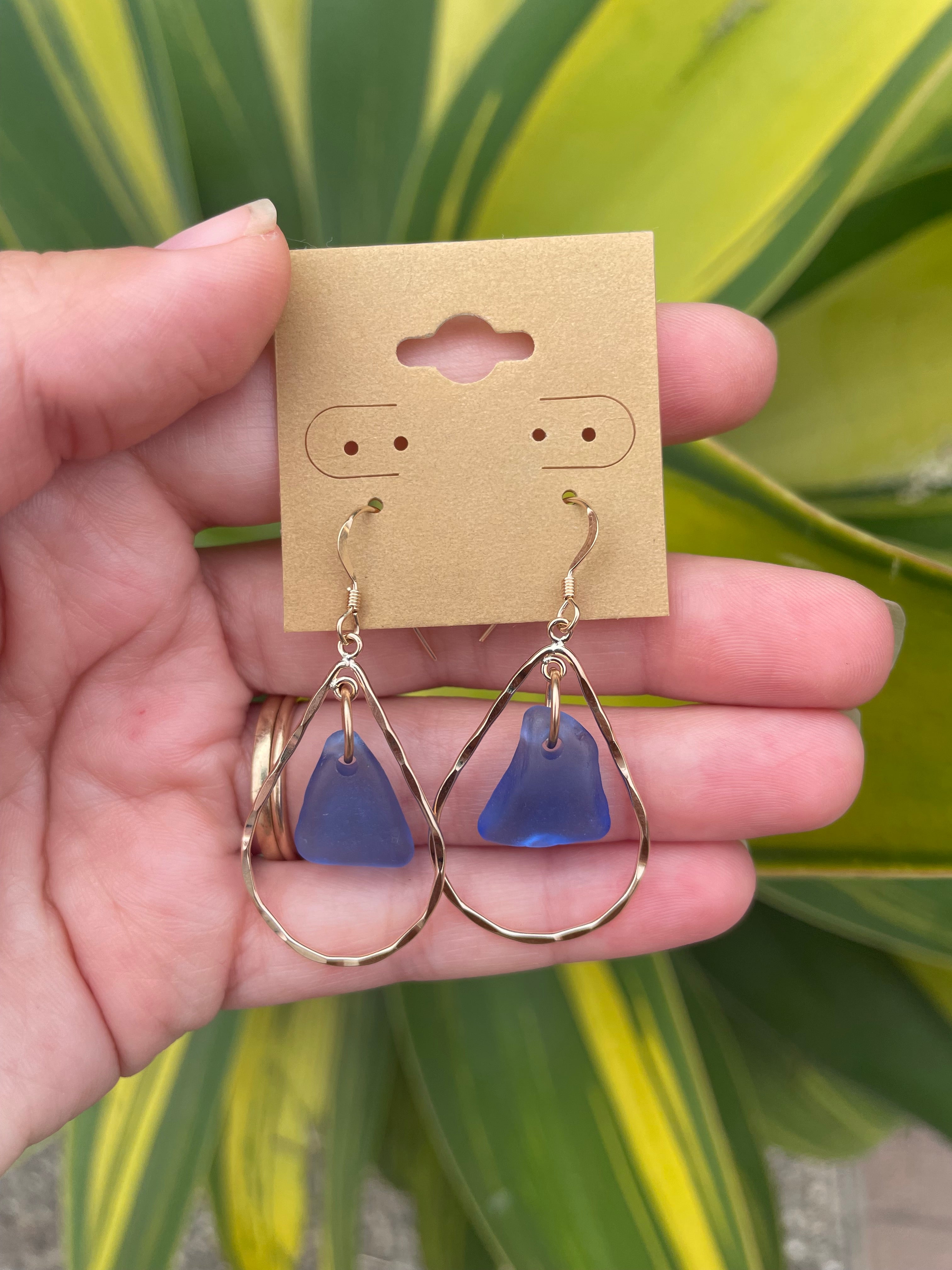 Hammered Hoop Sea Glass Earrings in Cornflower Blue