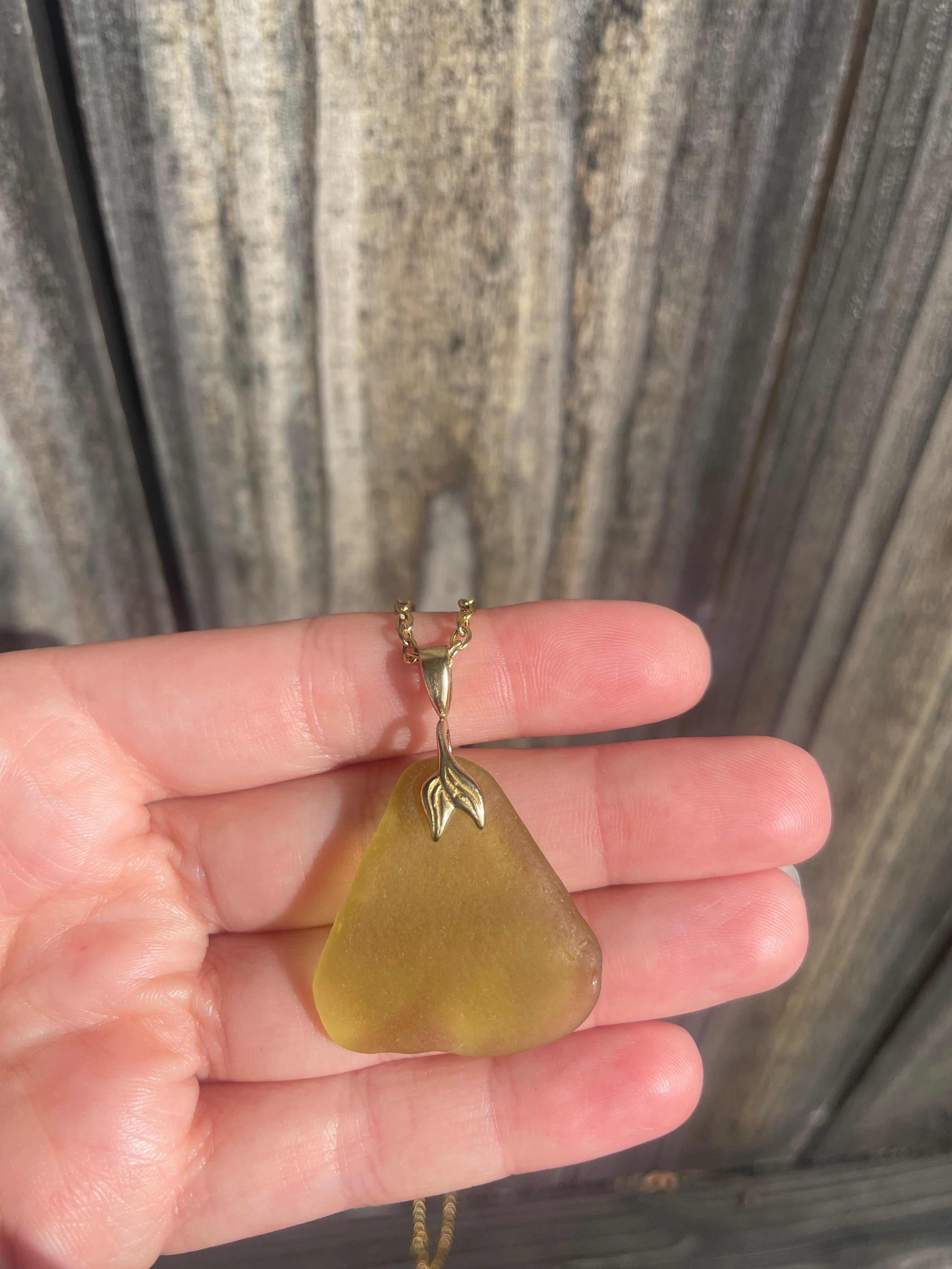 Brass Mermaid Sea Glass Pendant necklace in Yellow/Amber