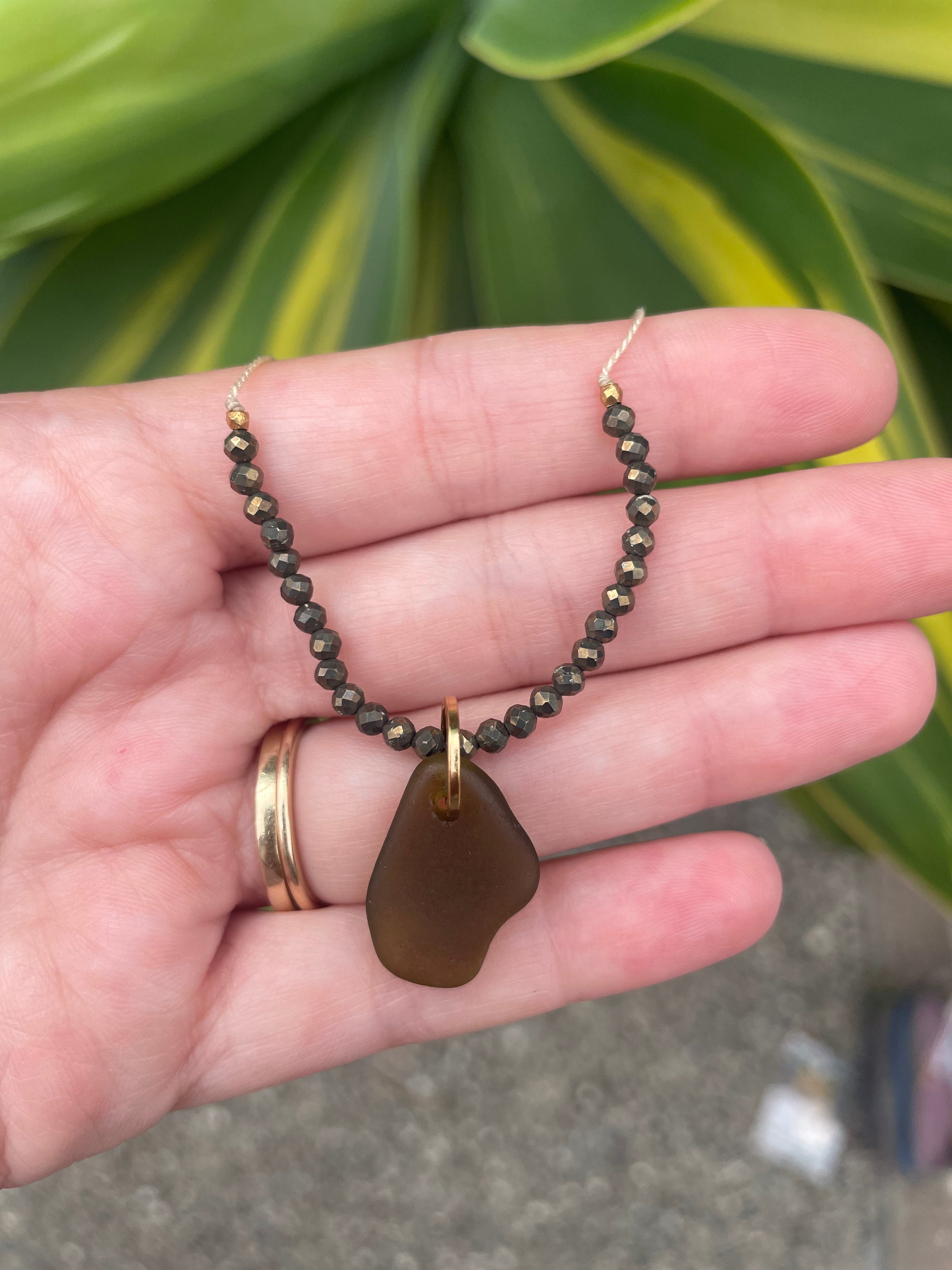 Pyrite Gemstone Sea Glass Necklace in Olive Green