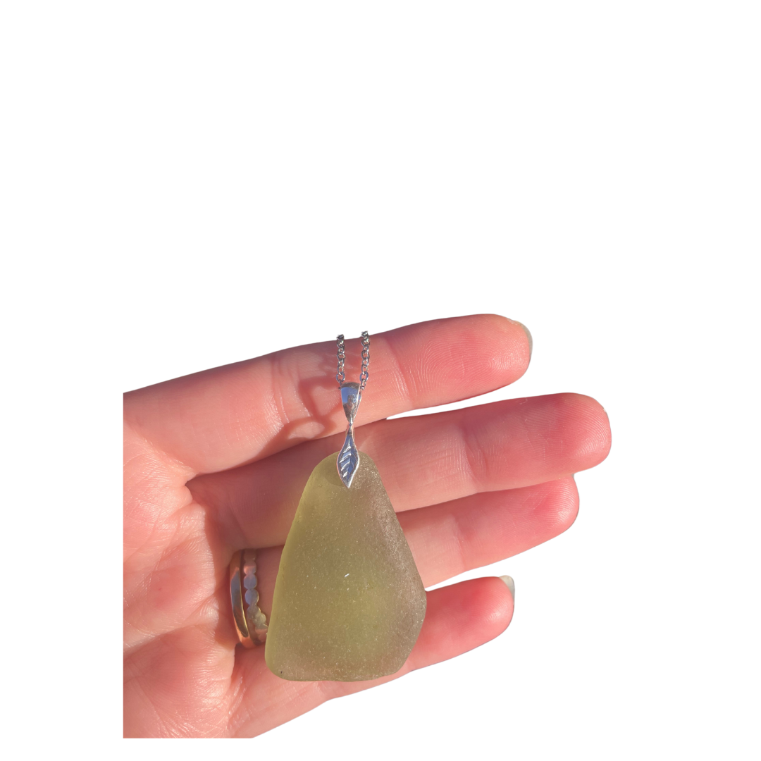Leaf Sea Glass Pendant Necklace in Sage Green