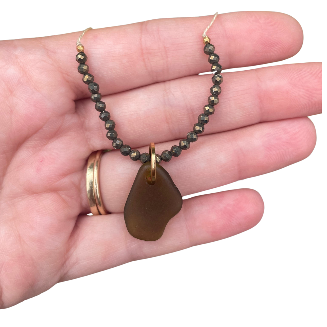 Pyrite Gemstone Sea Glass Necklace in Olive Green