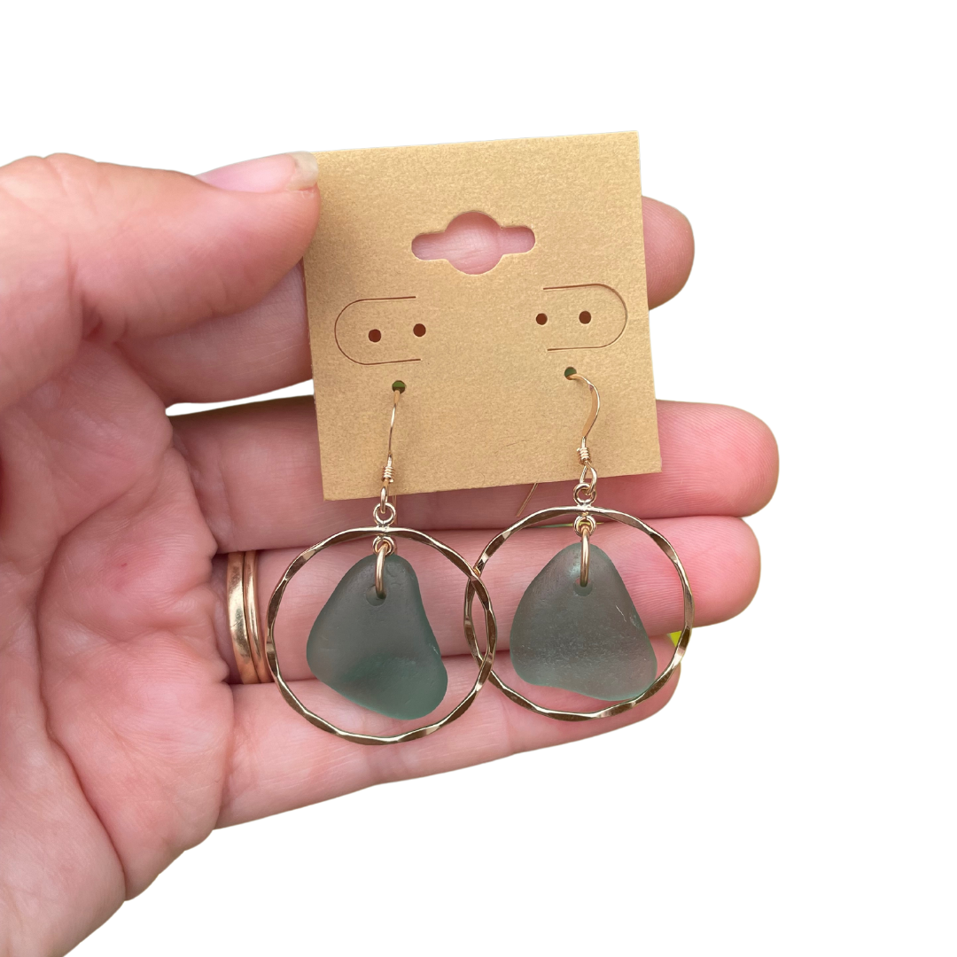 Teal Hammered Hoop Sea Glass Earrings