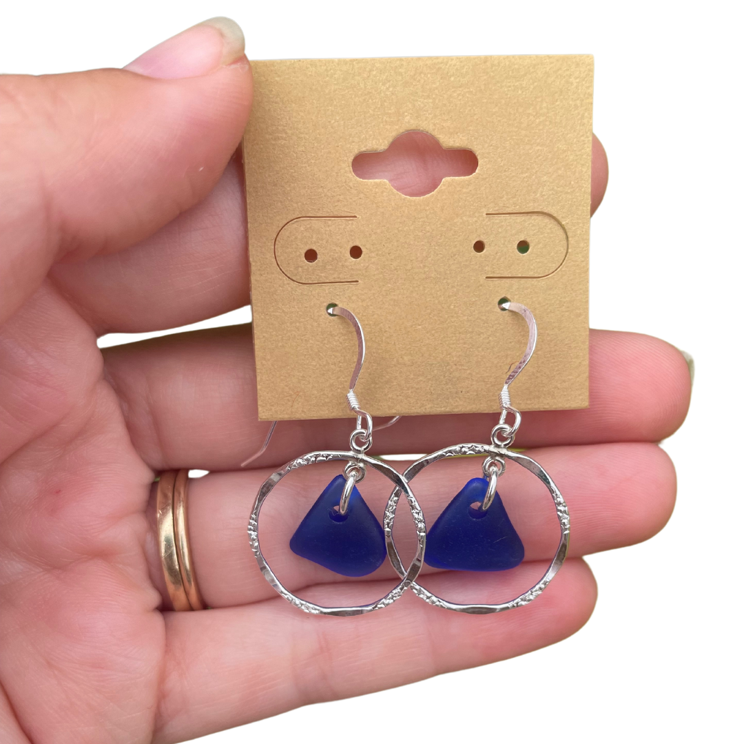 Silver Sea Glass Hoops in Cobalt Blue