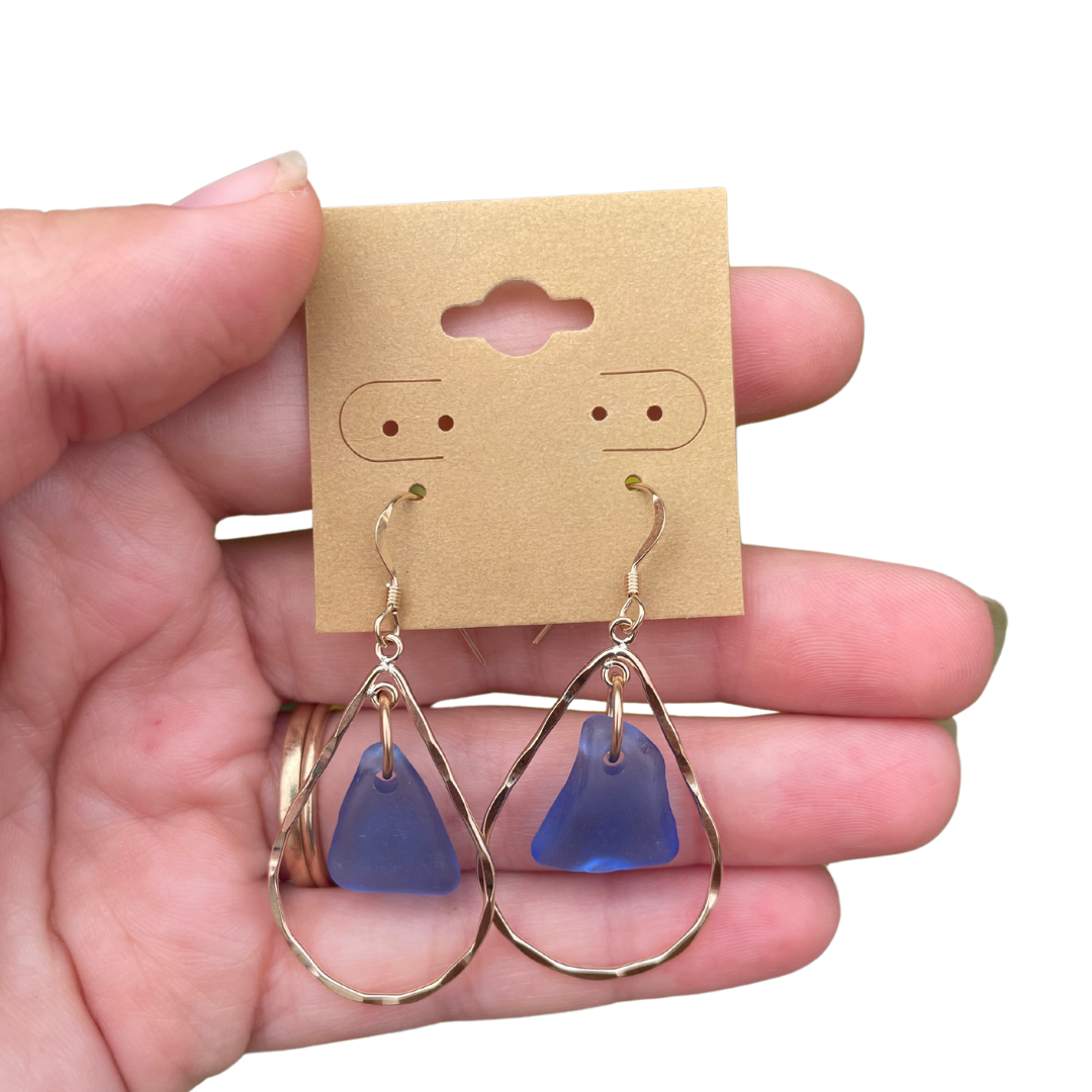 Hammered Hoop Sea Glass Earrings in Cornflower Blue