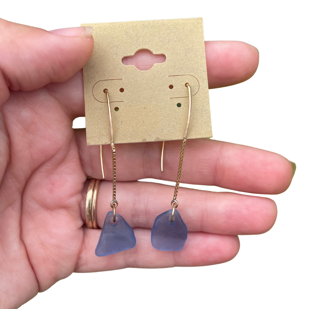 Hook Threader Sea Glass Earrings in Cornflower Blue