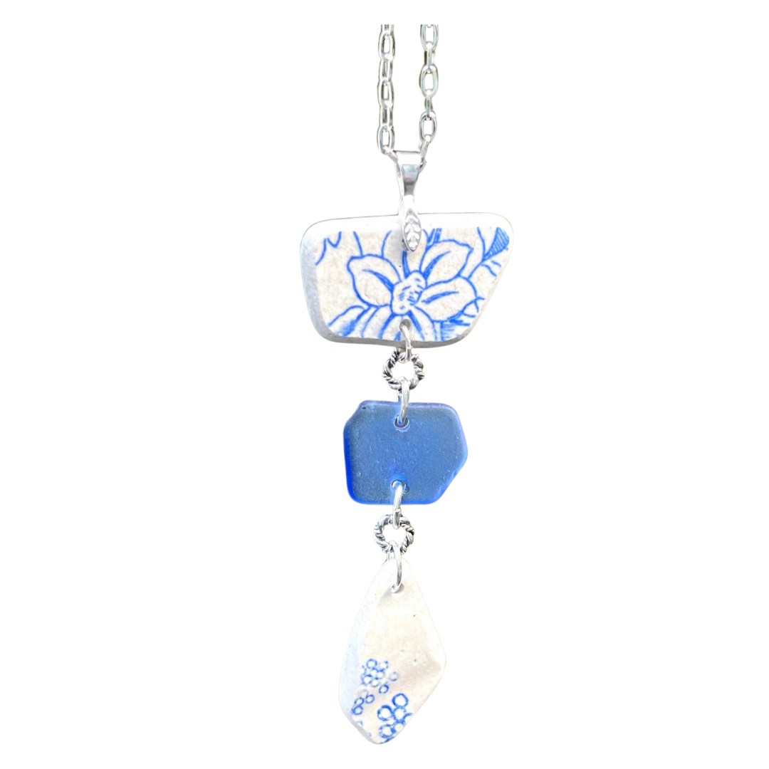 Scotland Pottery and Sea Glass Necklace in Cornflower Blue