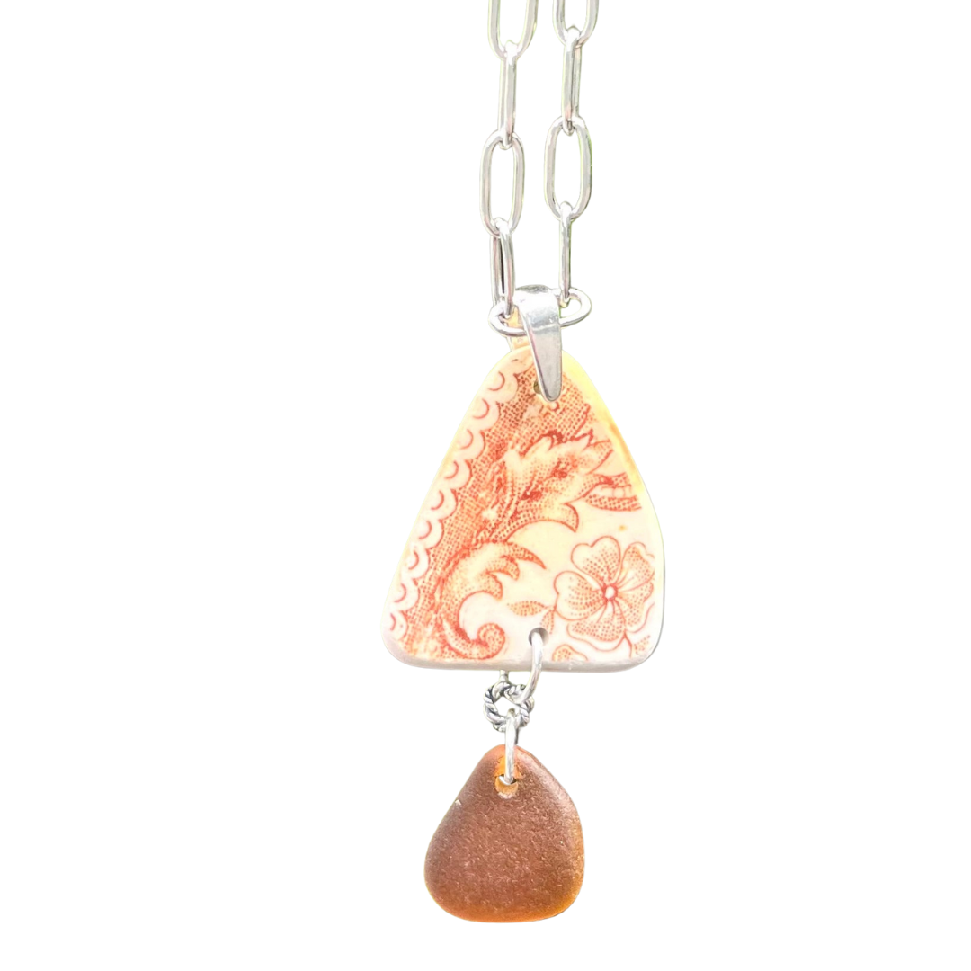 Spain Pottery and Sea Glass Necklace in Amber