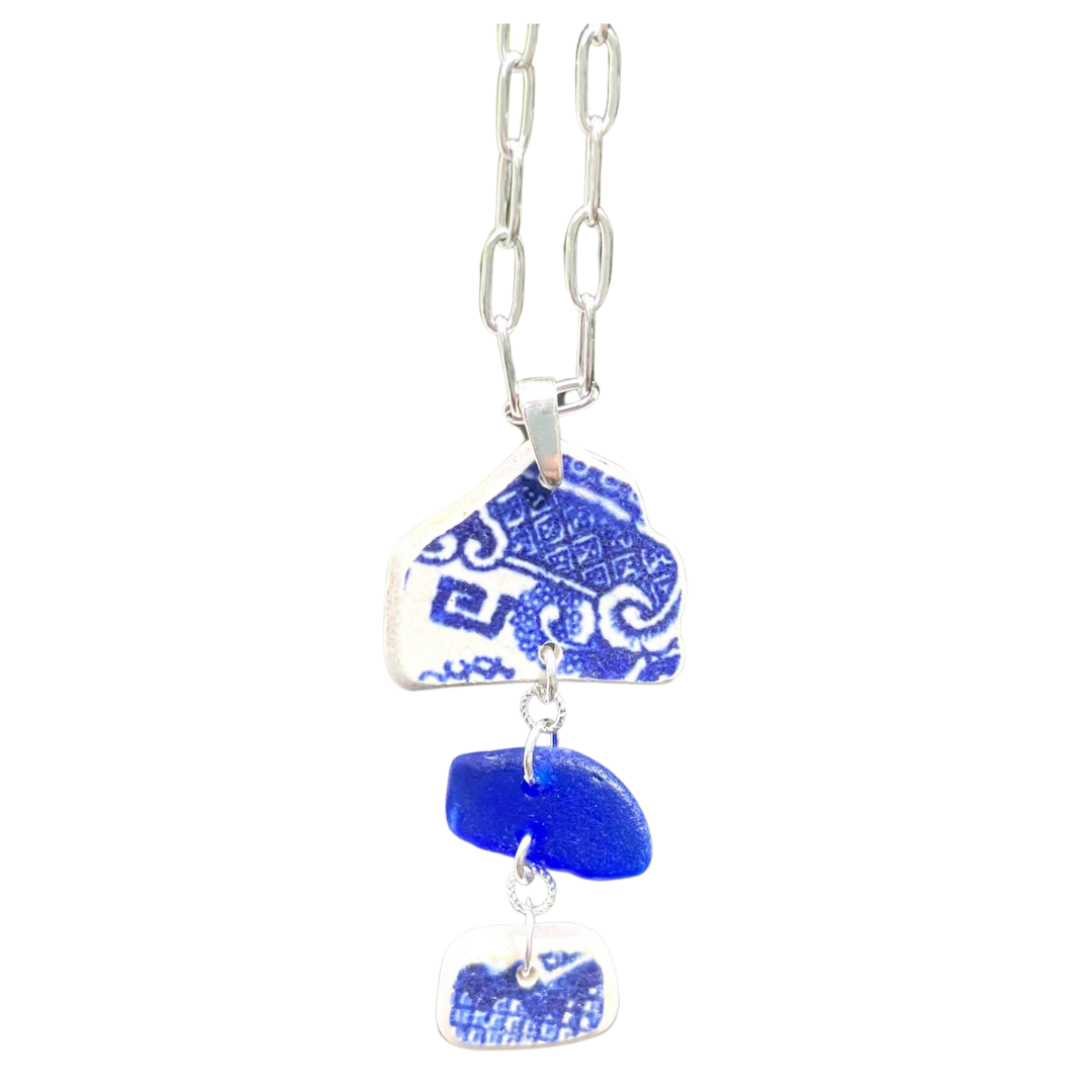 Spain Pottery and Sea Glass Necklace in Cobalt Blue