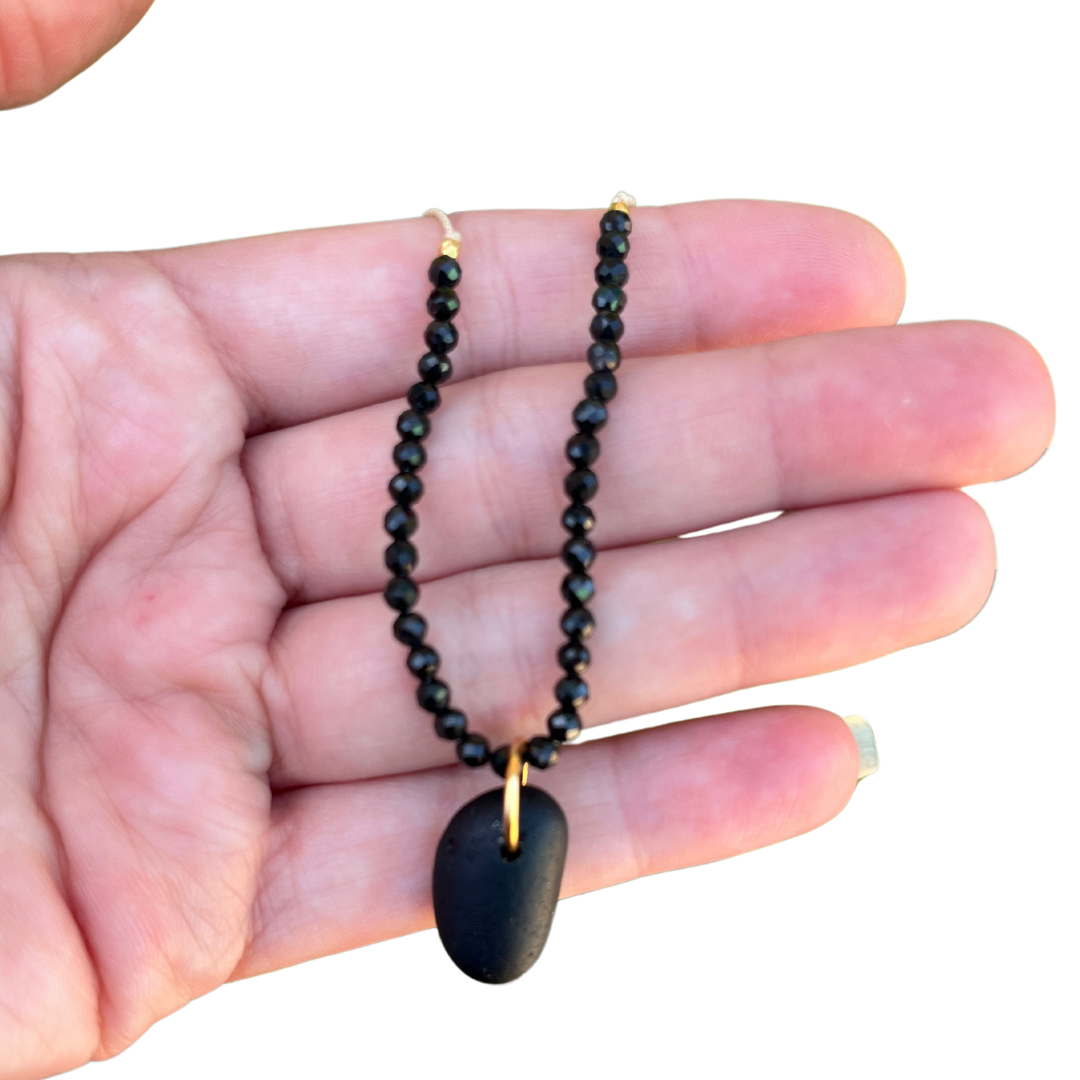 Tourmaline Adjustable Sea Glass Pendant Necklace in Black