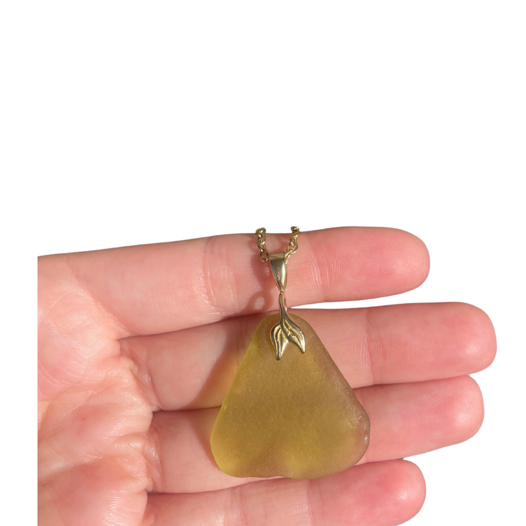 Brass Mermaid Sea Glass Pendant necklace in Yellow/Amber