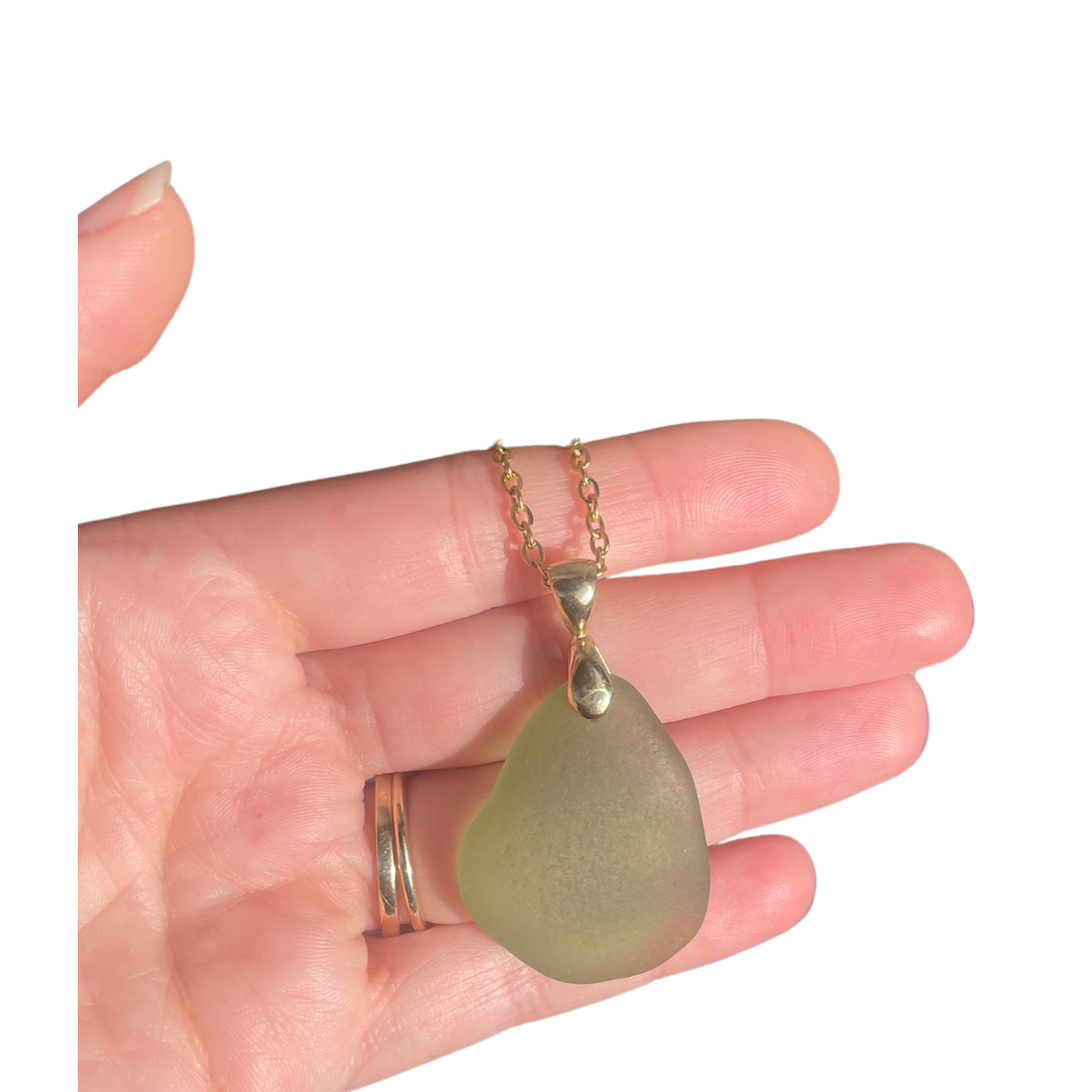 Brass Sea Glass Pendant Necklace in Light Green