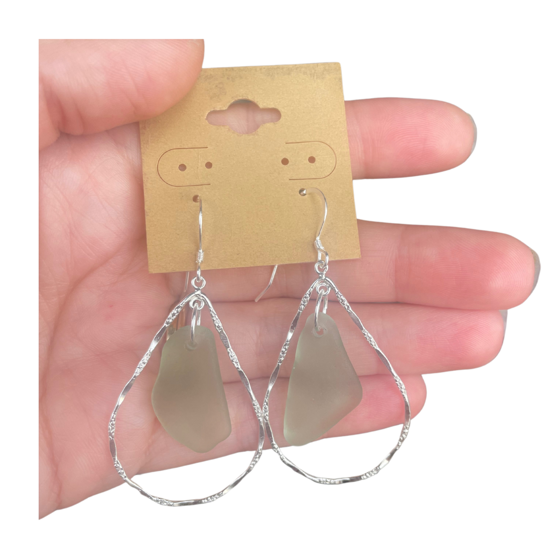 Hammered Hoop Sea Glass Earrings in Light Green