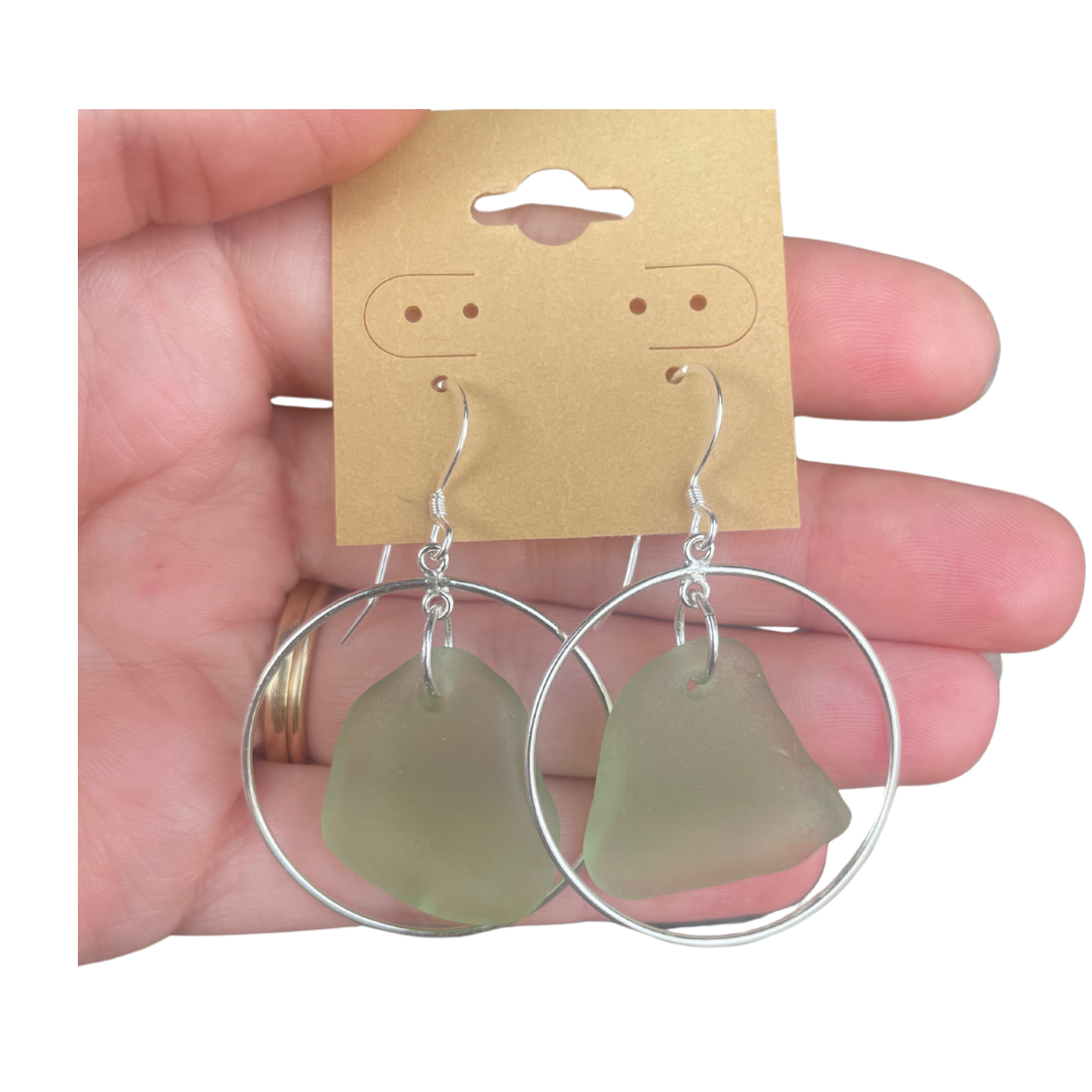 Circle Hoops Sea Glass Earrings in Light Green